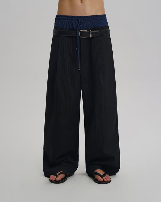 Layered Pinstripe Wide-Leg Pants