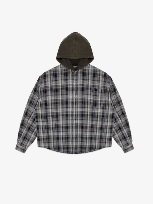 Faded hooded plaid Shirt - Black and White