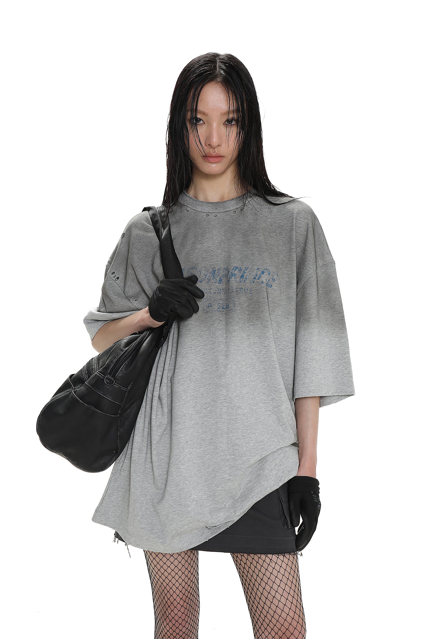 Floral Gray Gradient Damaged Tee-Shirt