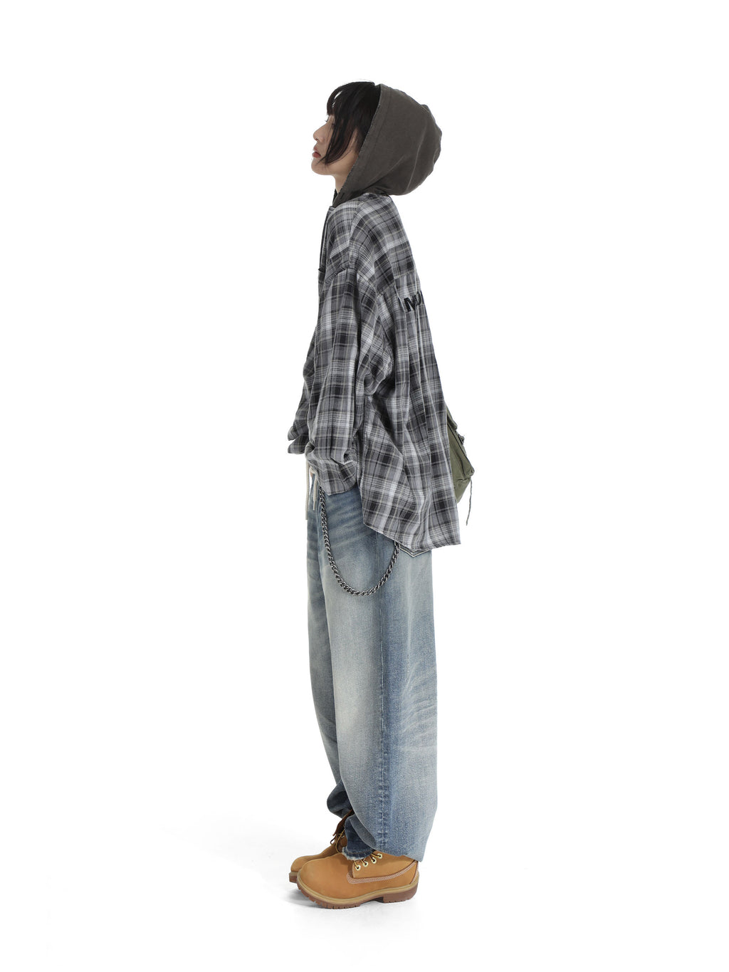 Faded hooded plaid Shirt - Black and White
