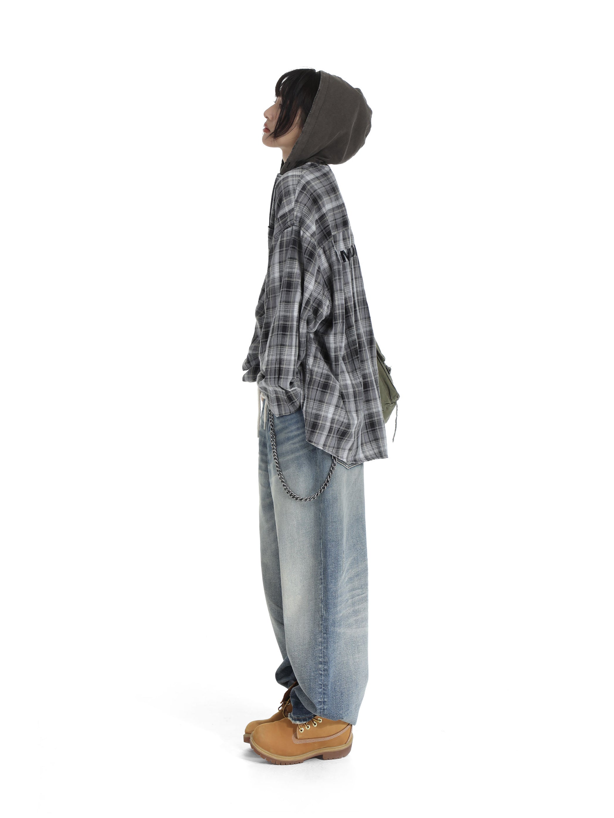 Faded hooded plaid Shirt - Black and White