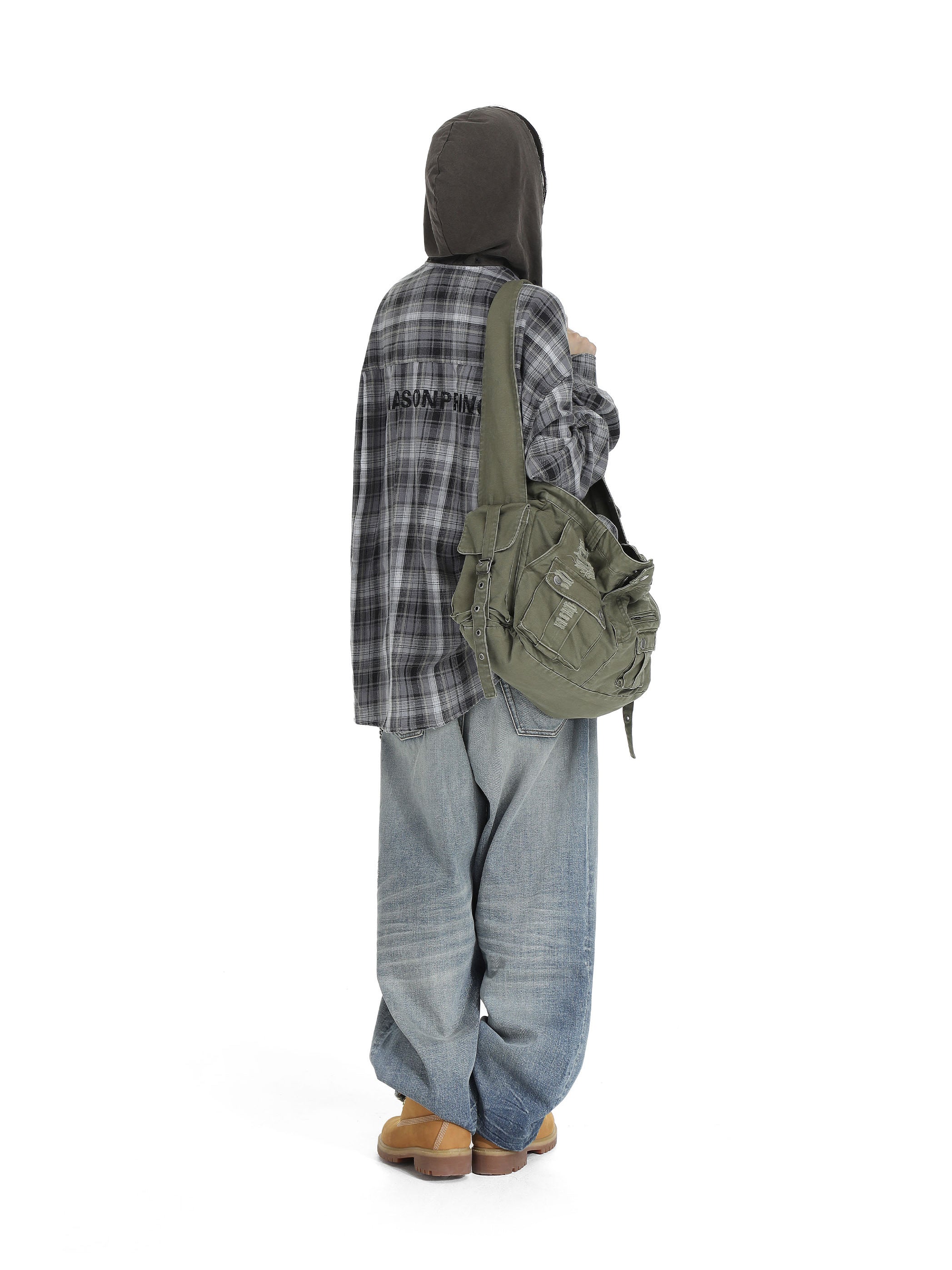 Faded hooded plaid Shirt - Black and White