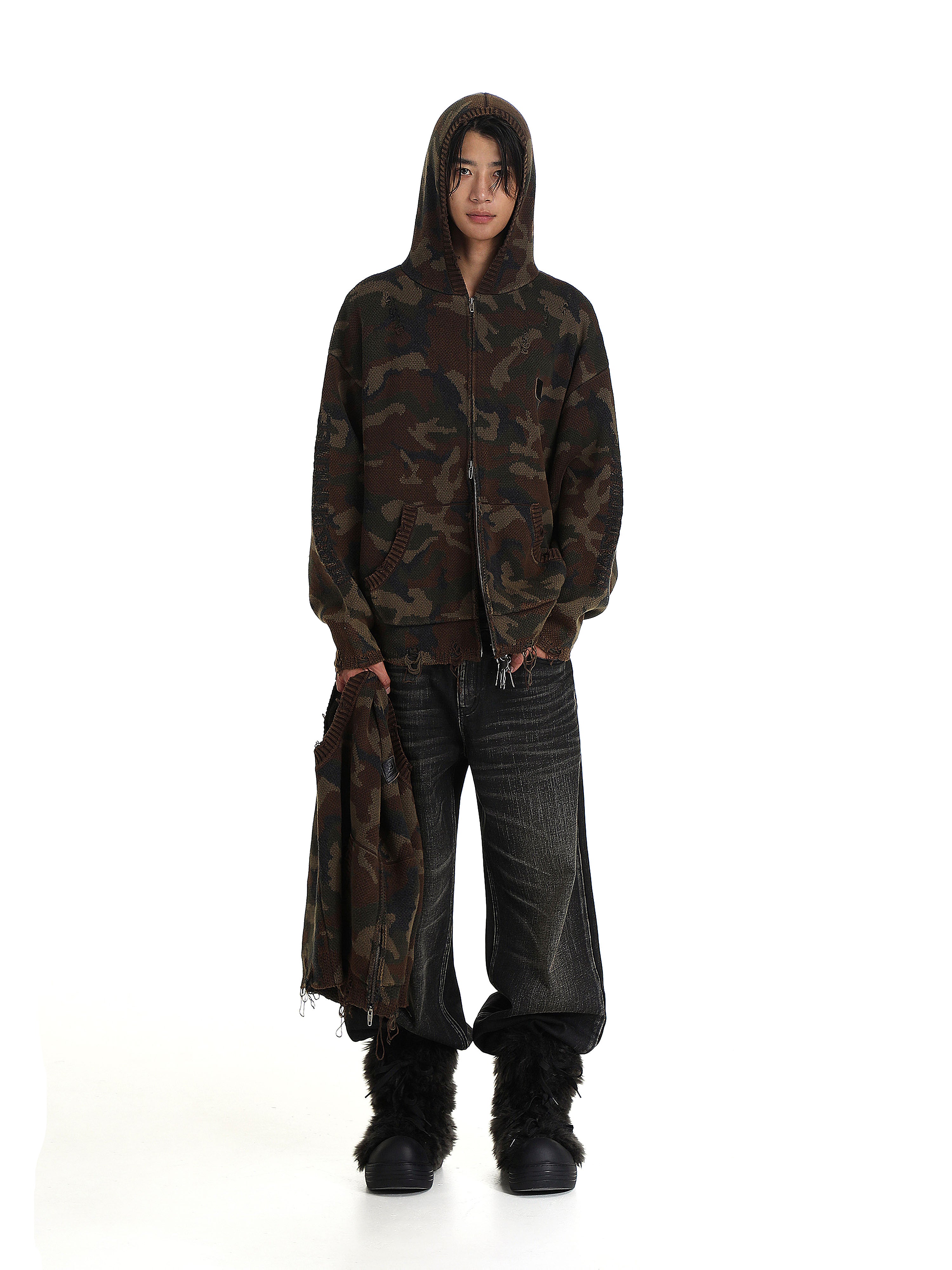 Wool Camouflage Knitted Zip-up Hoodie
