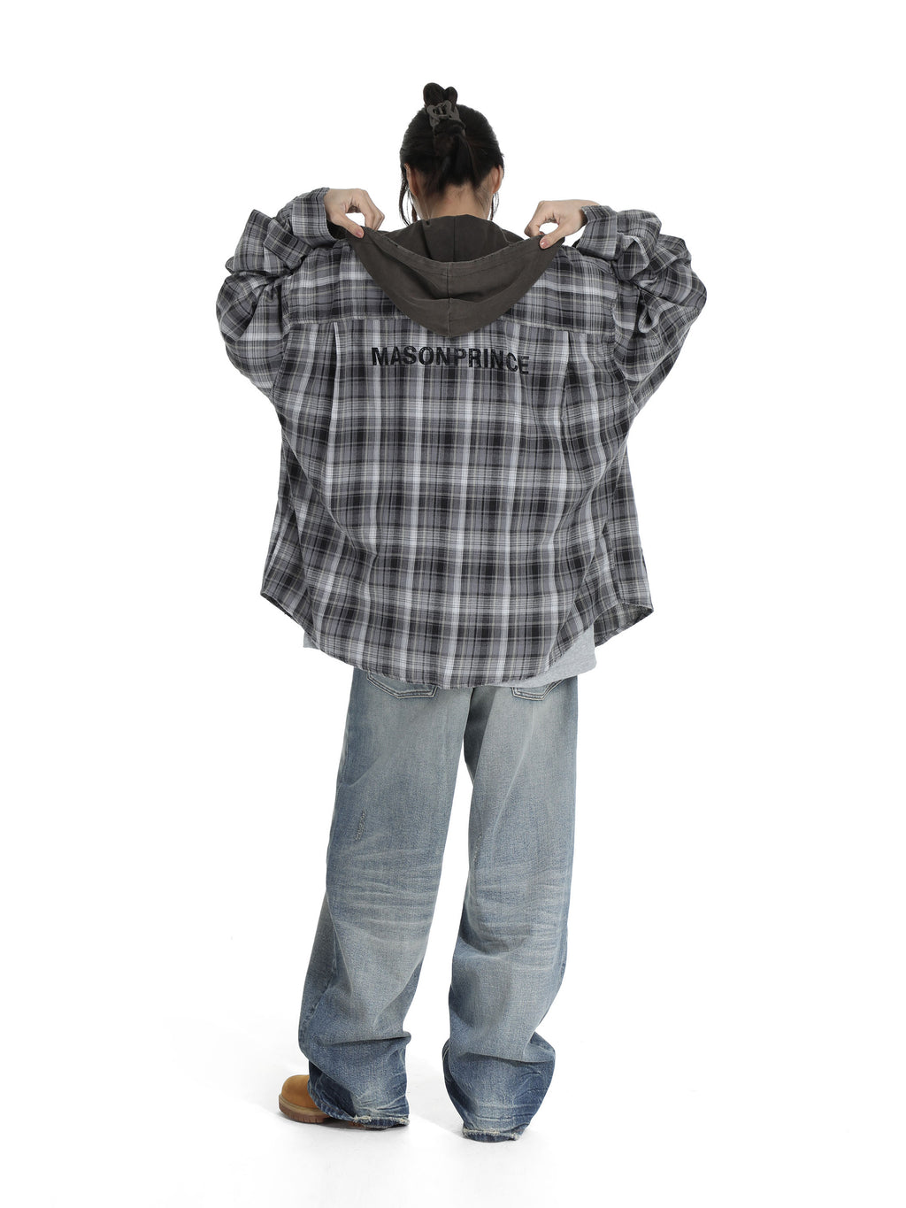 Faded hooded plaid Shirt - Black and White