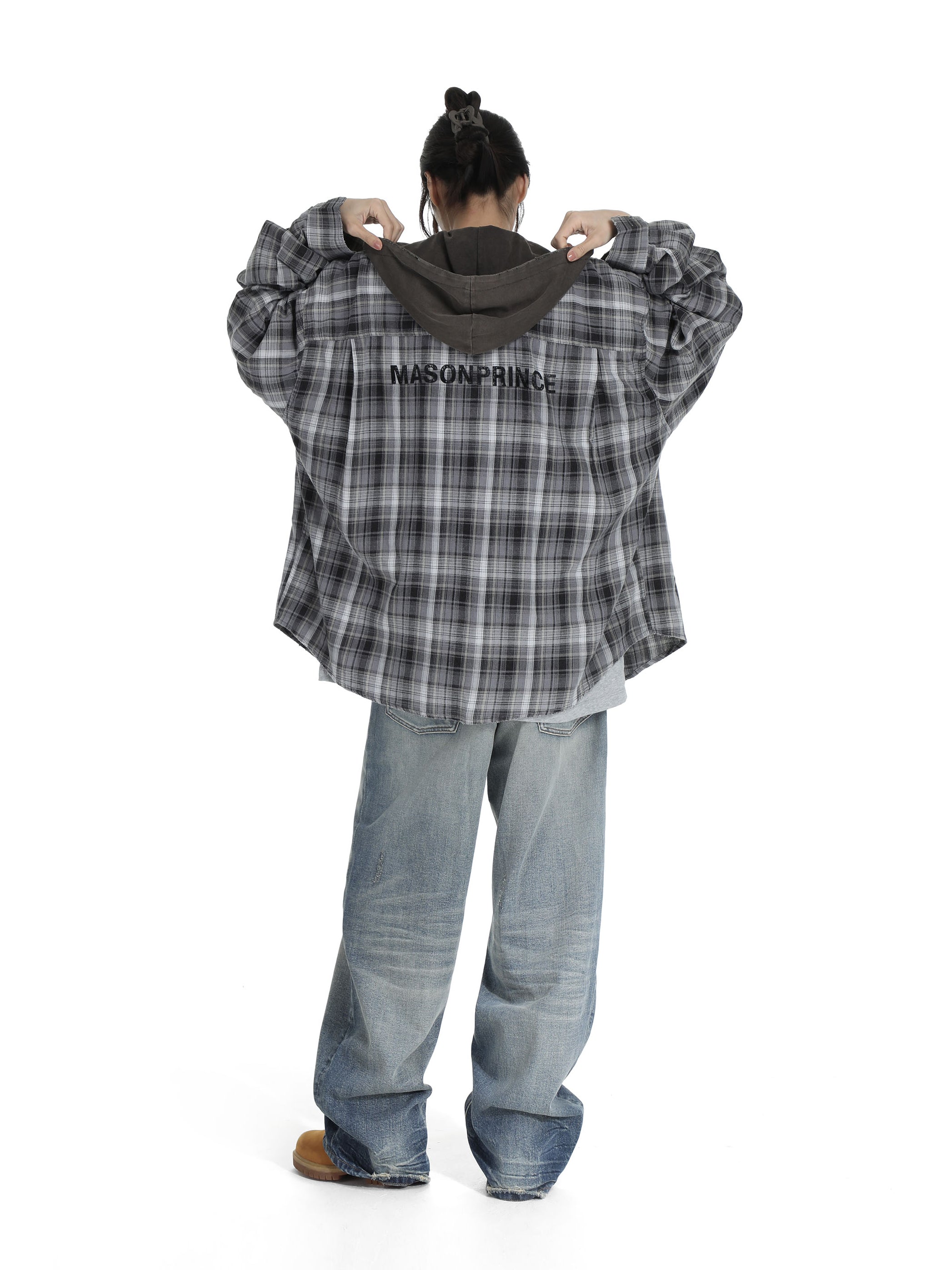 Faded hooded plaid Shirt - Black and White