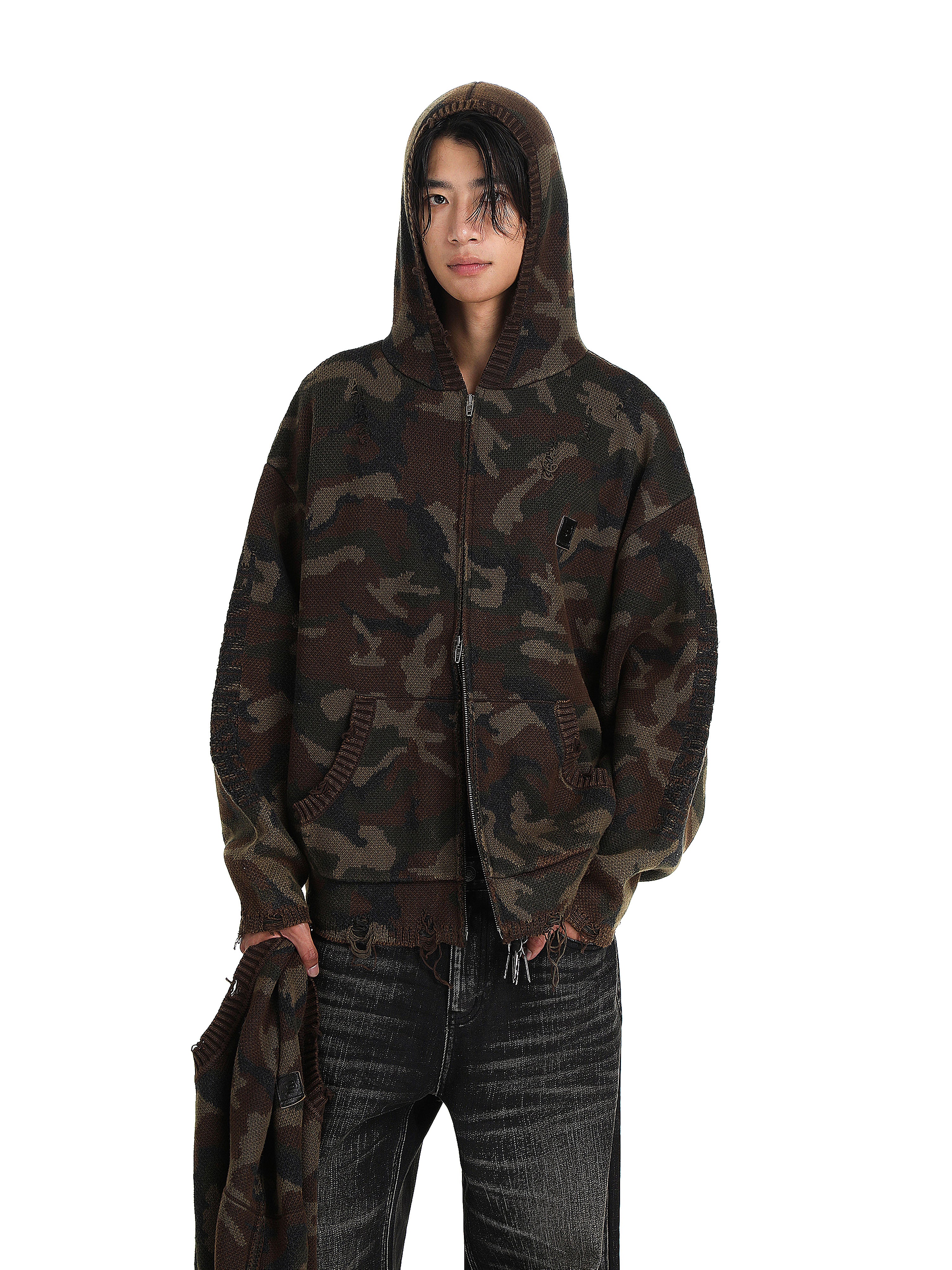 Wool Camouflage Knitted Zip-up Hoodie
