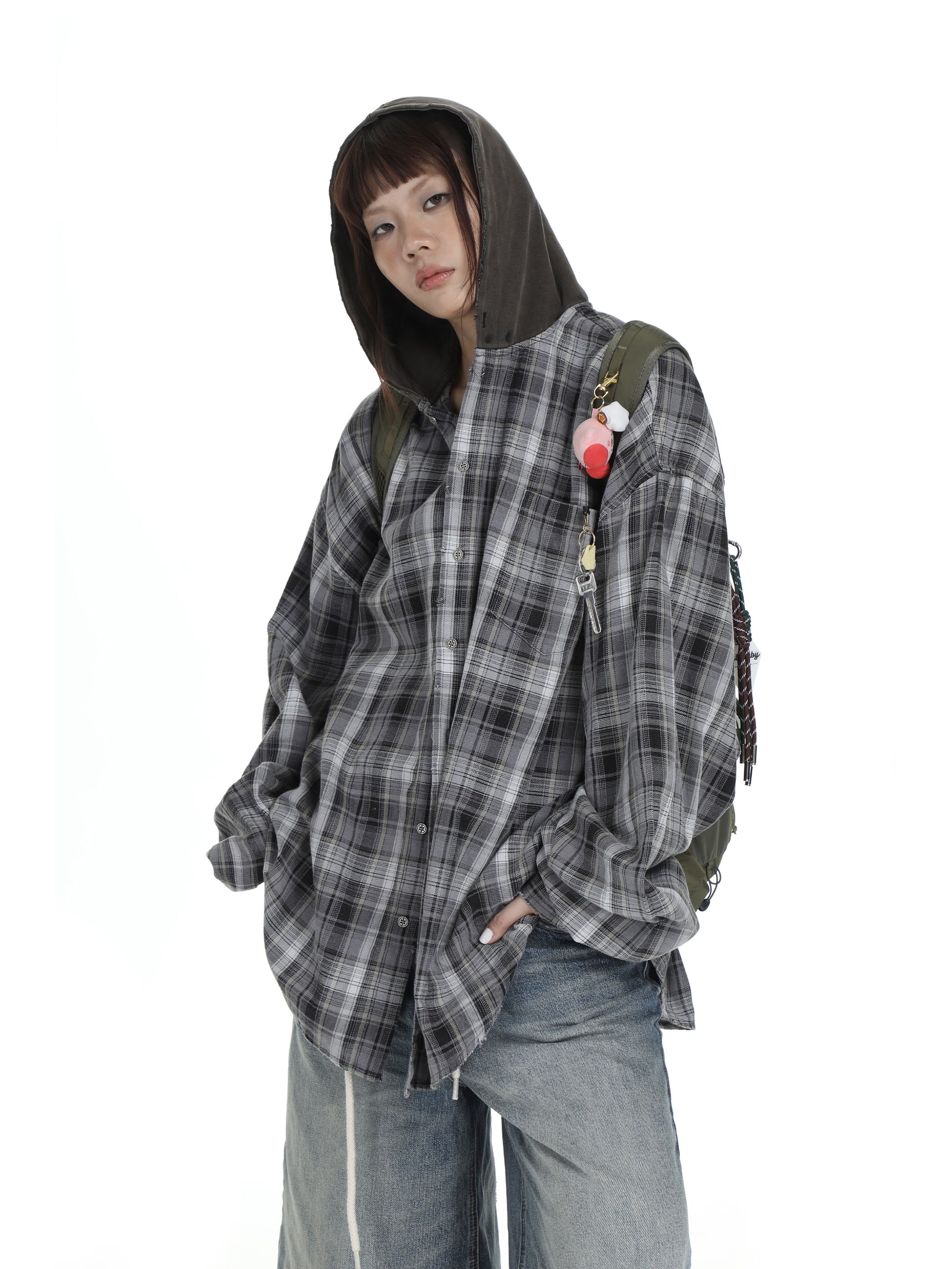 Faded hooded plaid Shirt - Black and White
