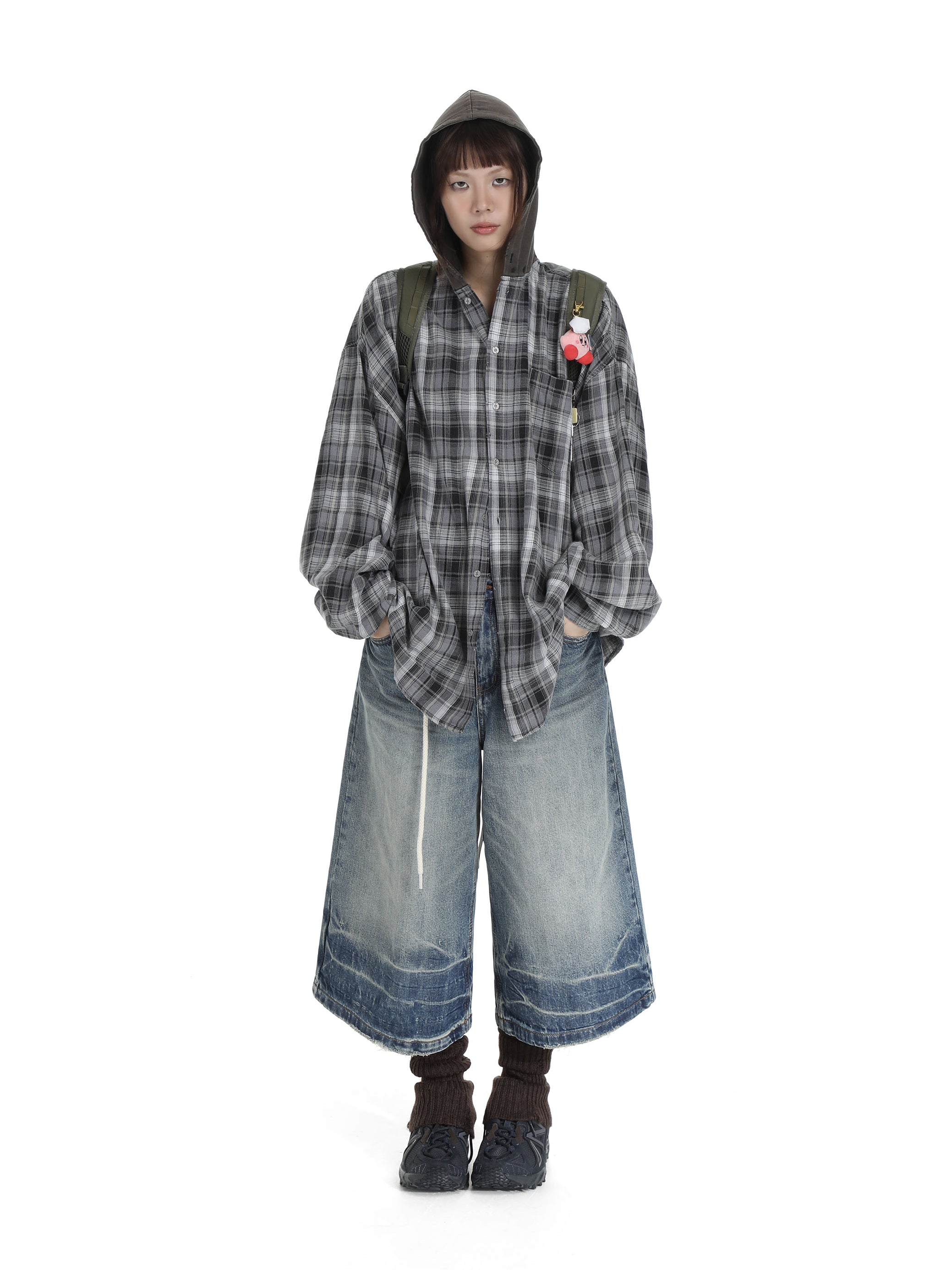 Faded hooded plaid Shirt - Black and White