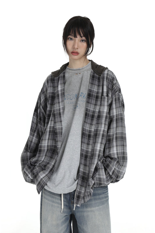 Faded hooded plaid Shirt - Black and White