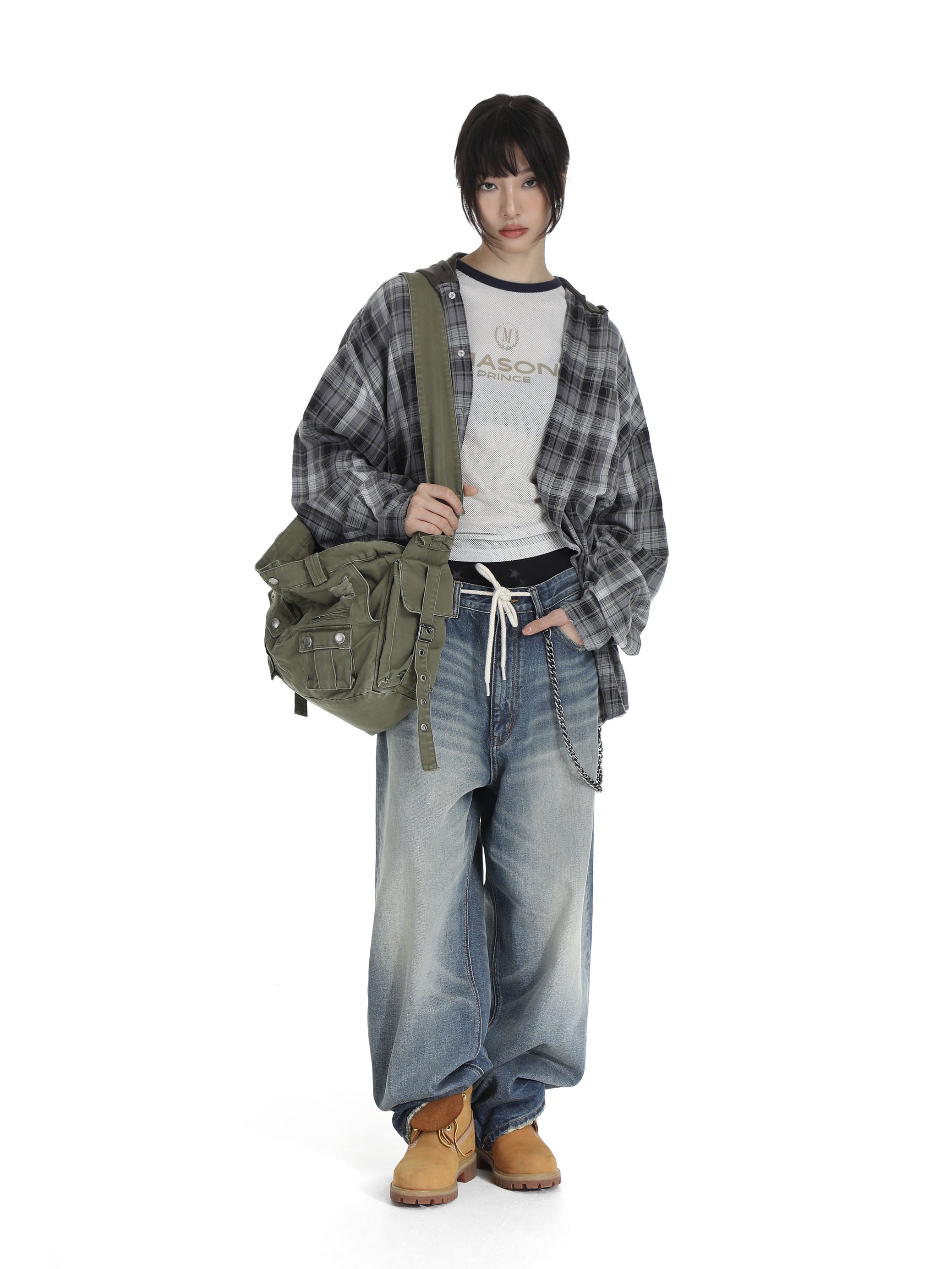 Faded hooded plaid Shirt - Black and White