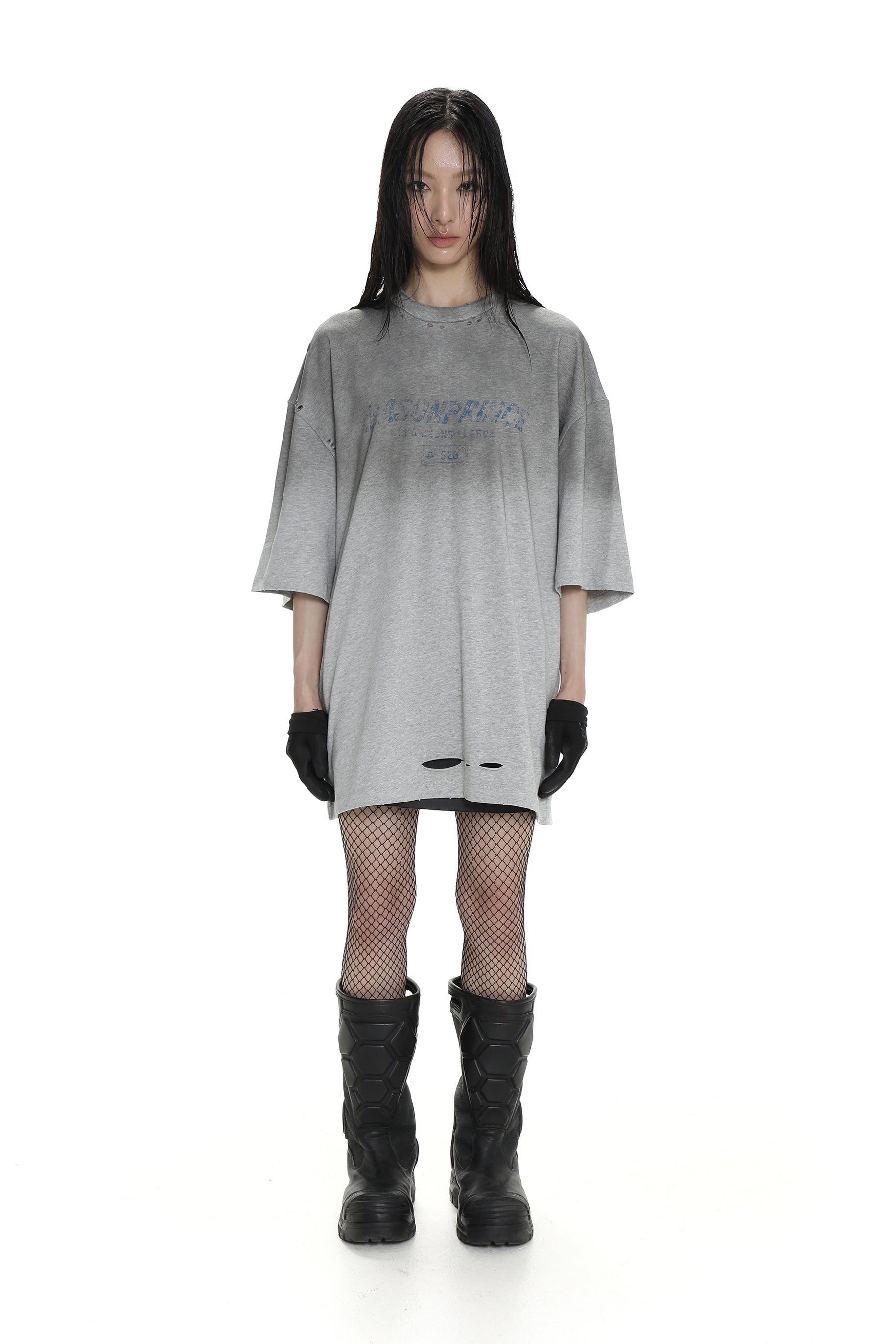 Floral Gray Gradient Damaged Tee-Shirt