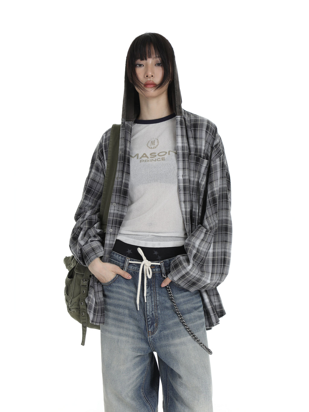 Faded hooded plaid Shirt - Black and White