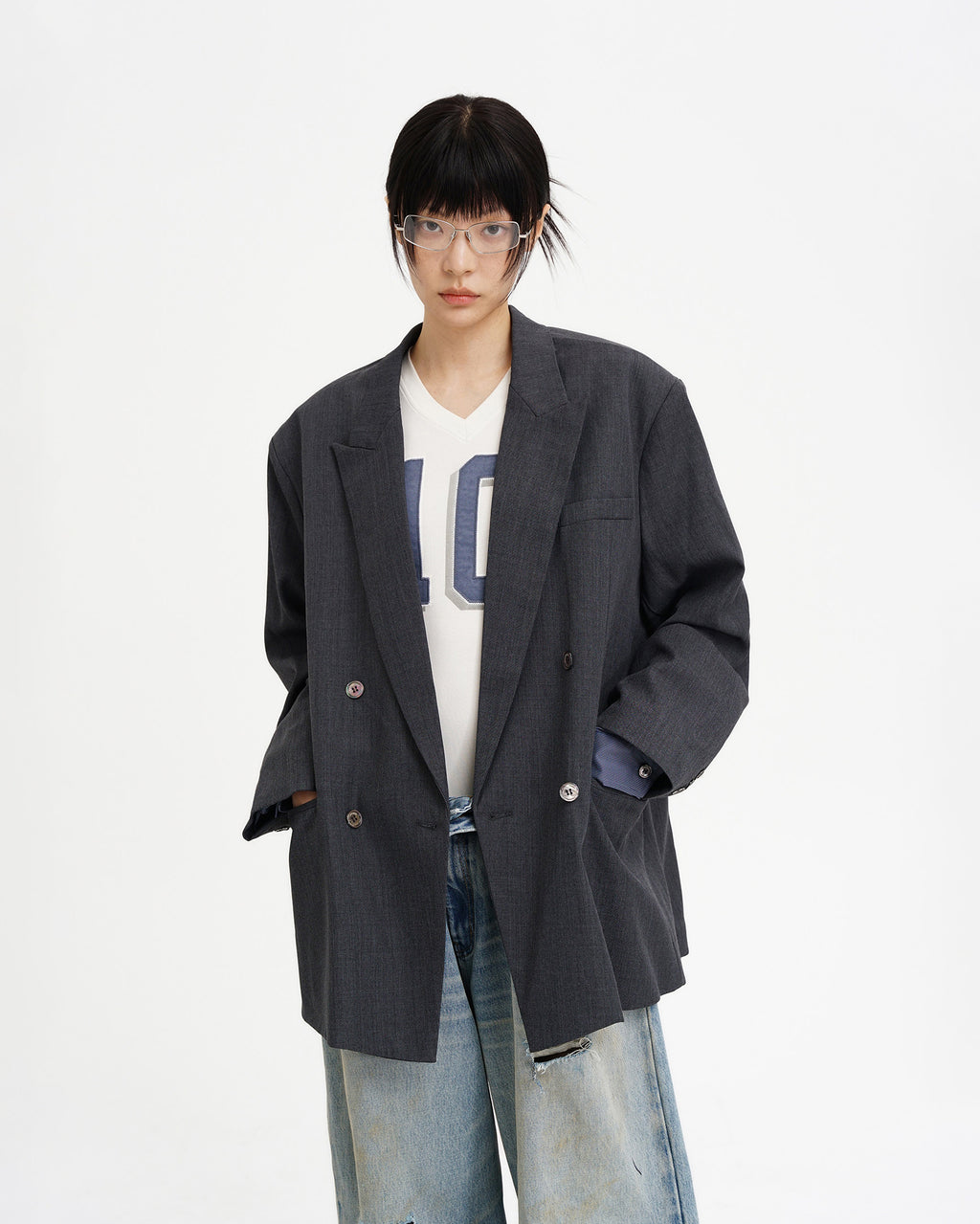 Double-Breasted Faux-Layer Blazer