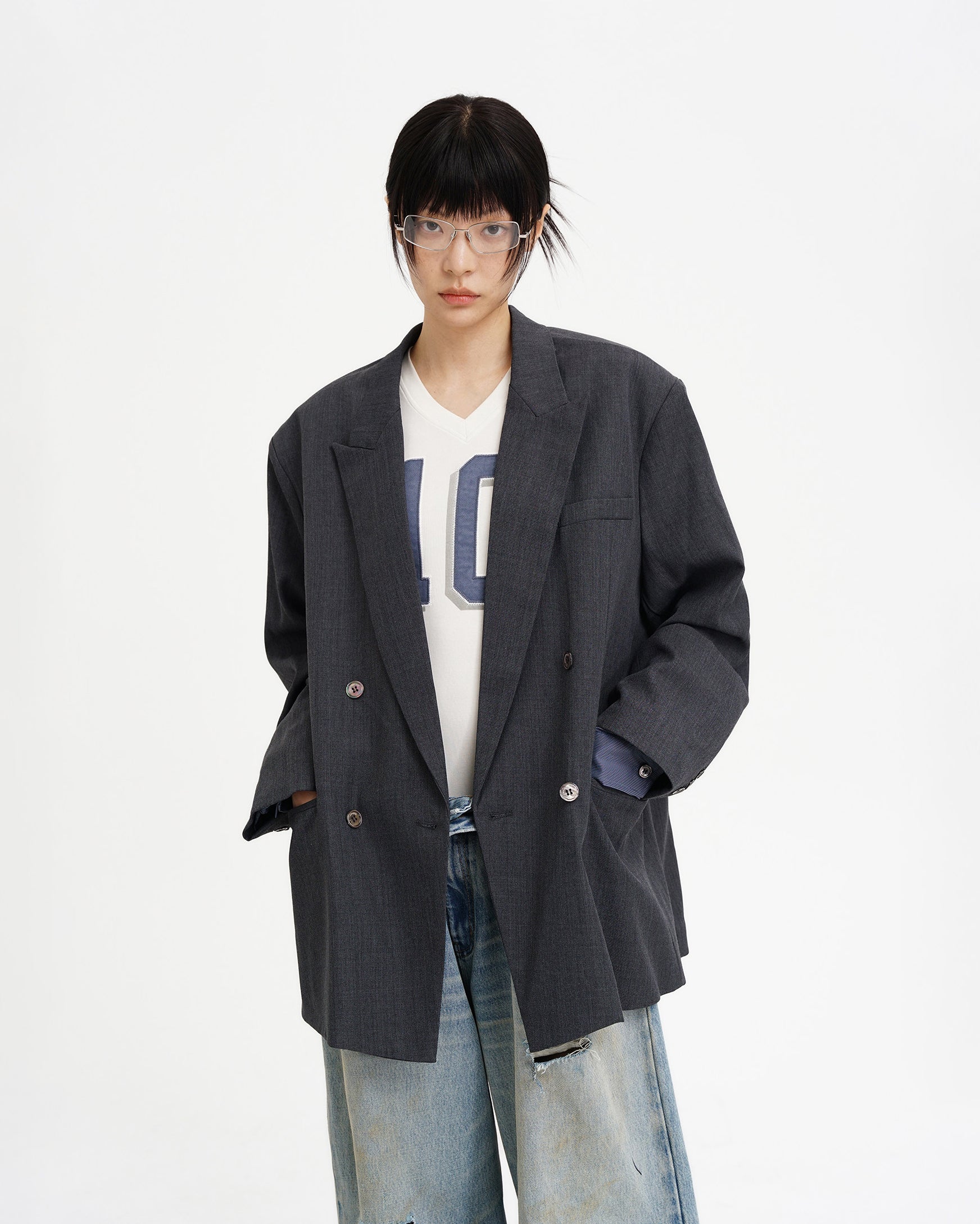 Double-Breasted Faux-Layer Blazer