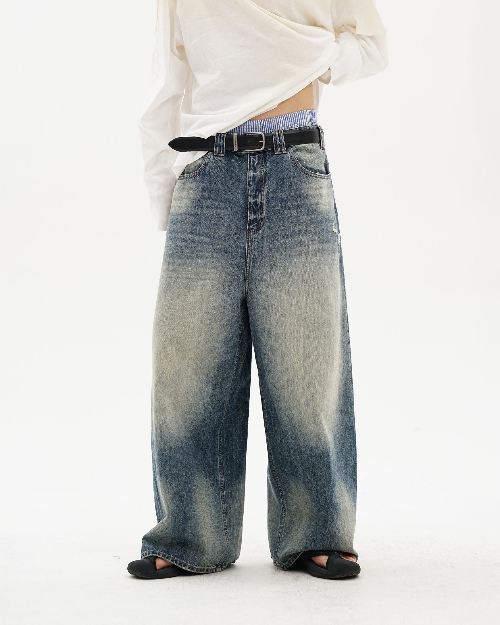 Snow-Wash Wide-Leg Jeans