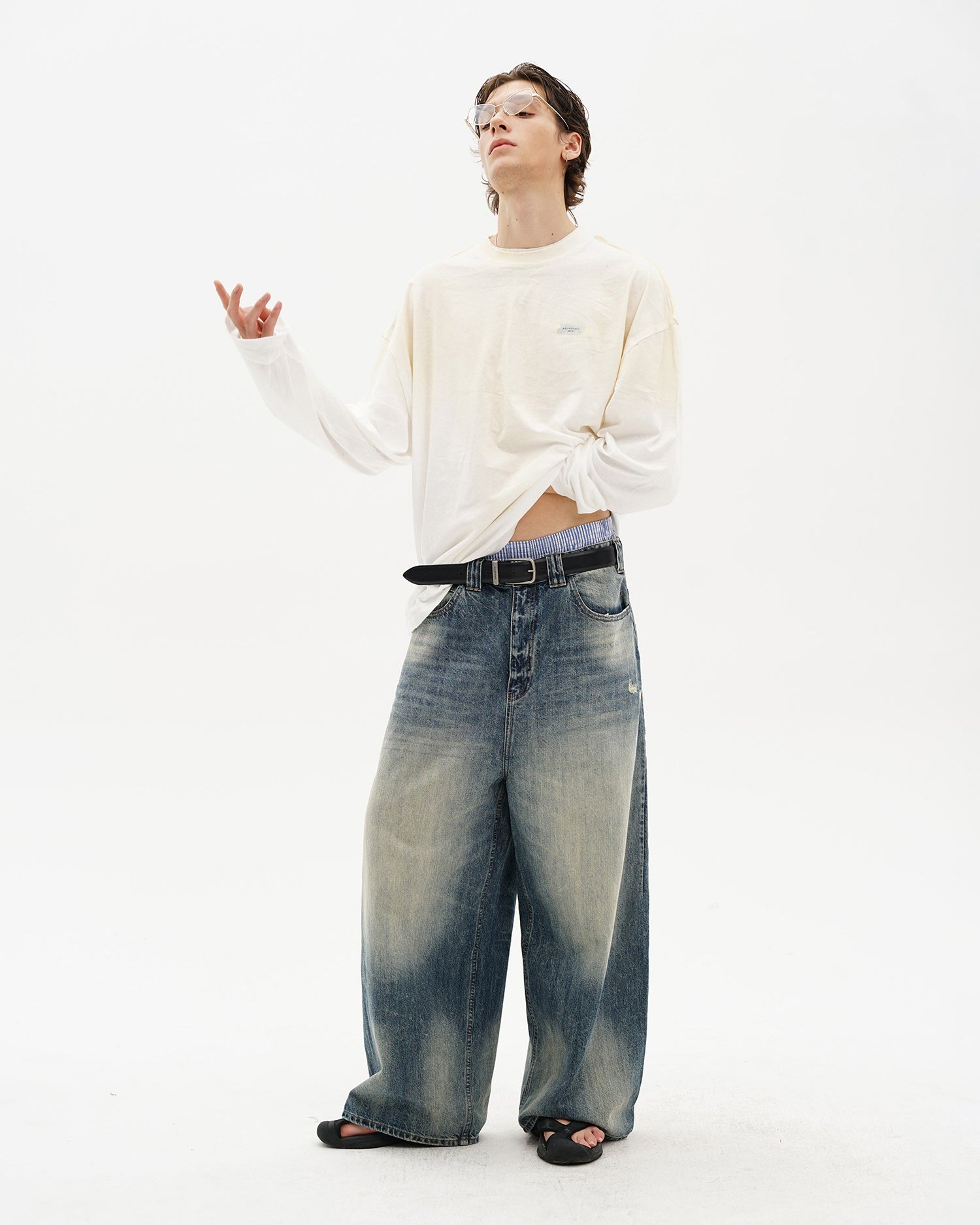 Snow-Wash Wide-Leg Jeans