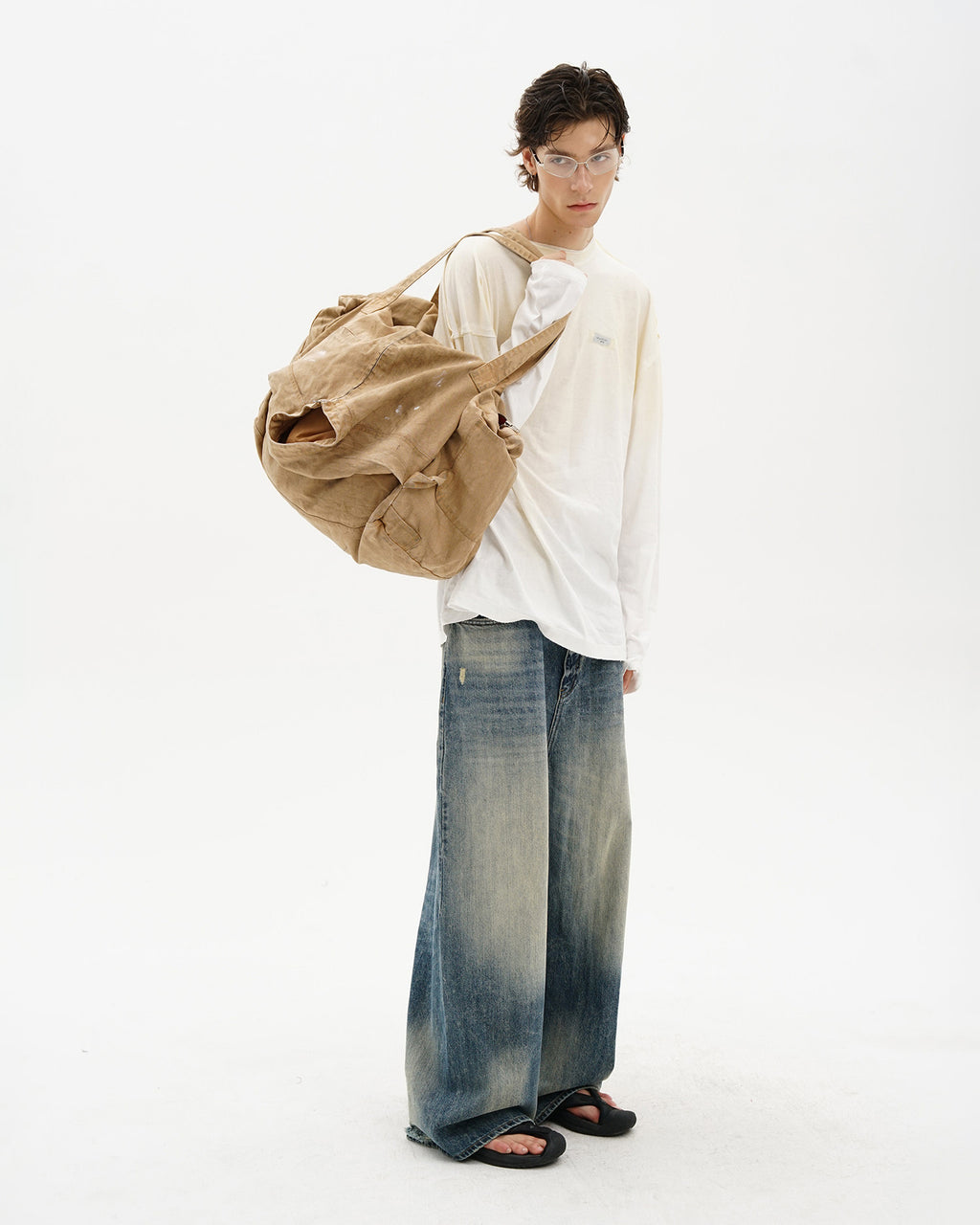 Snow-Wash Wide-Leg Jeans