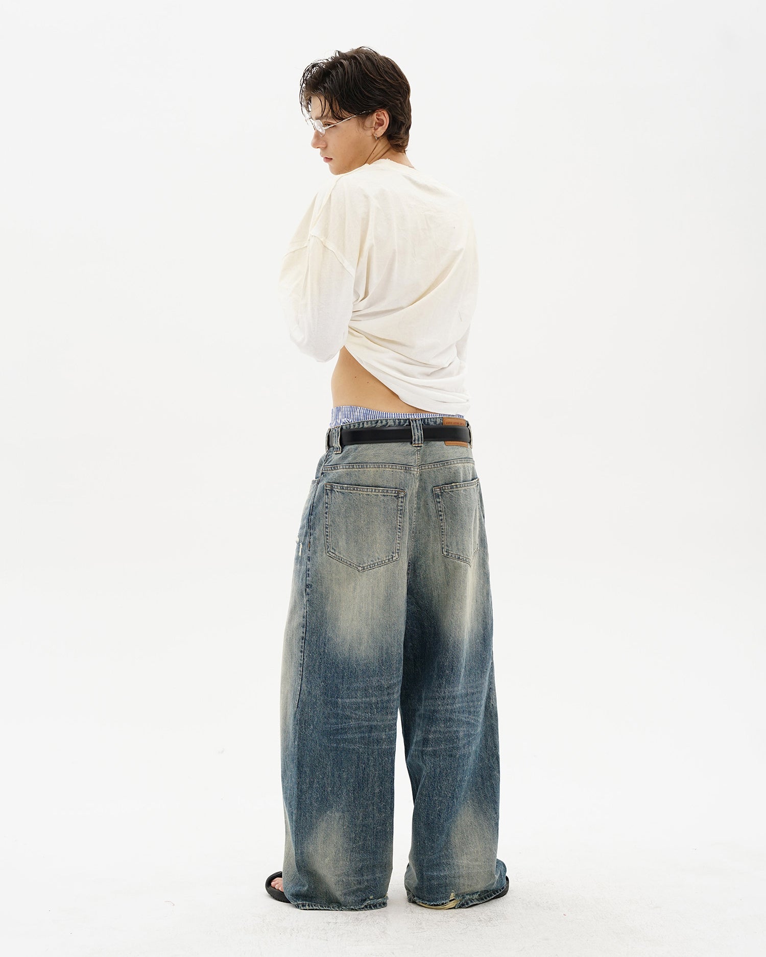 Snow-Wash Wide-Leg Jeans