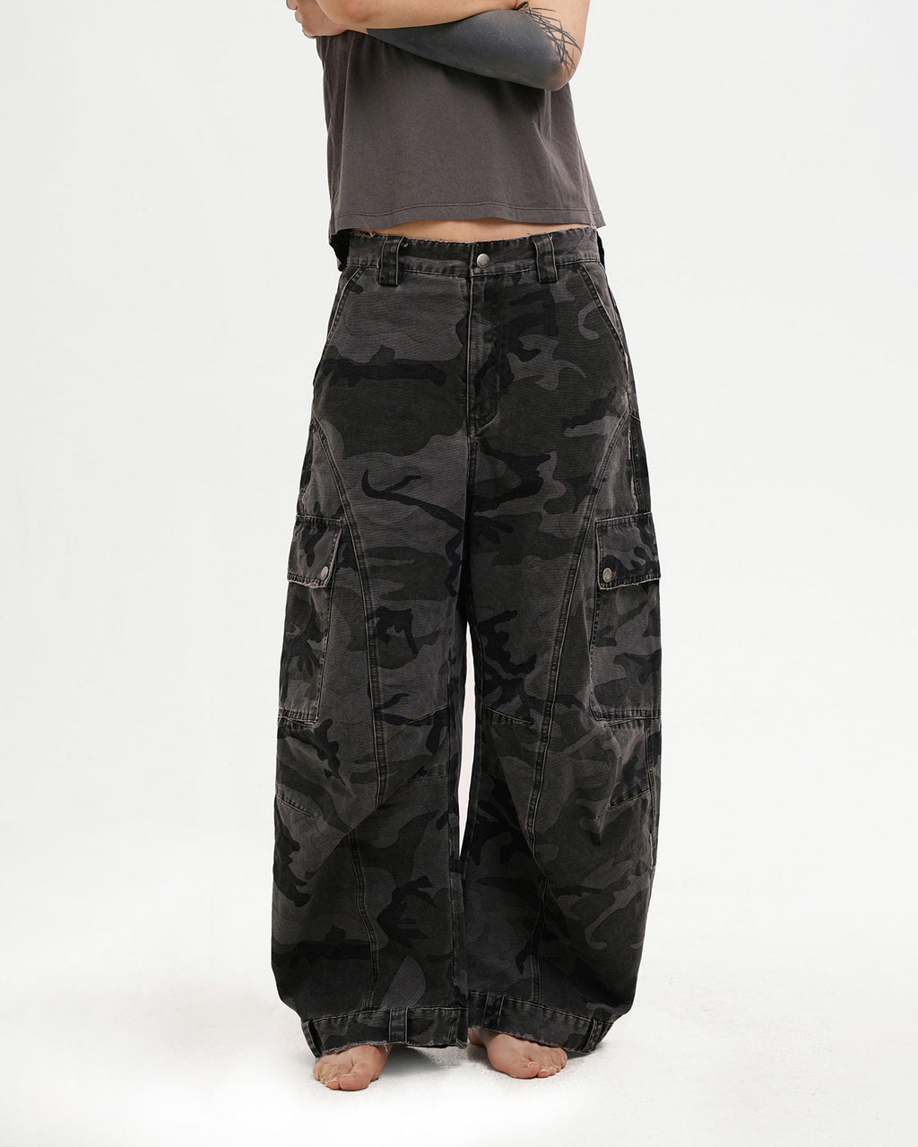 Washed Camo Curved Cargo Pants