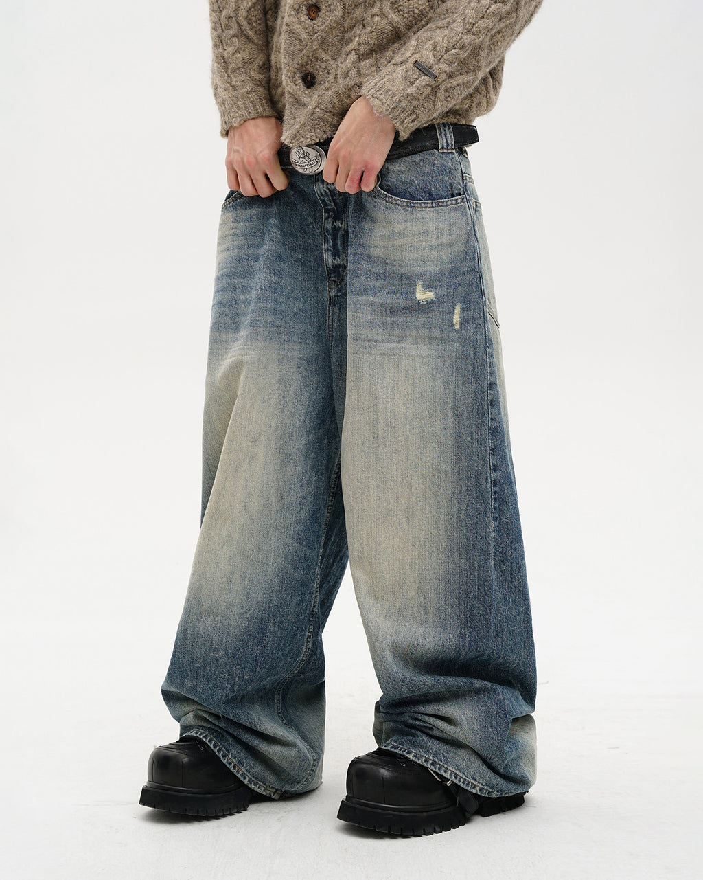 Snow-Wash Wide-Leg Jeans