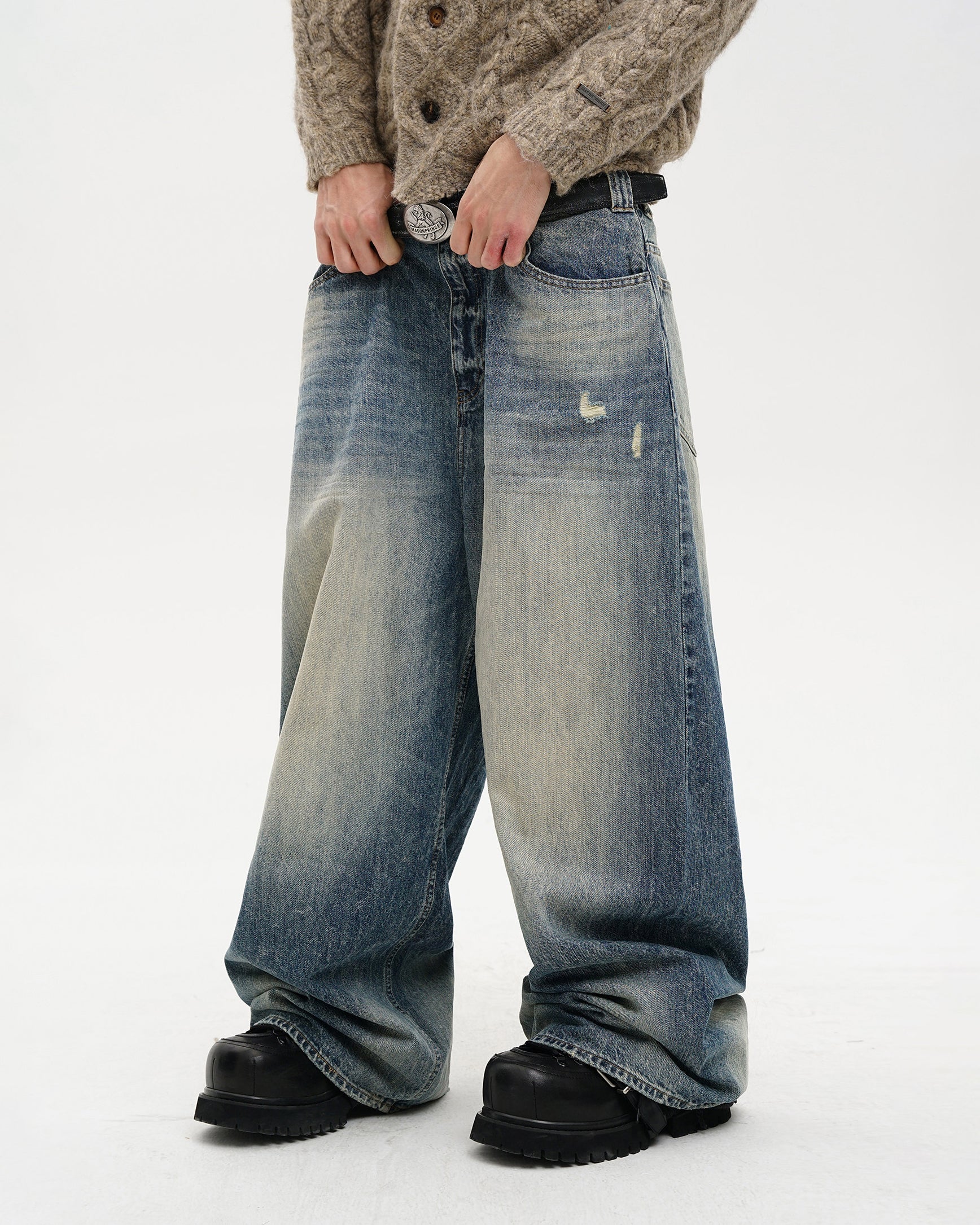 Snow-Wash Wide-Leg Jeans