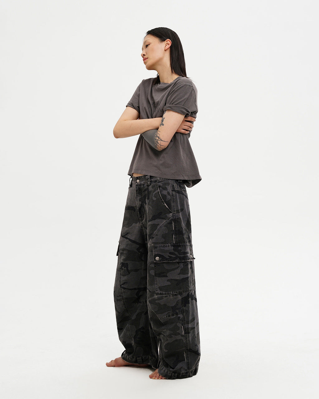 Washed Camo Curved Cargo Pants