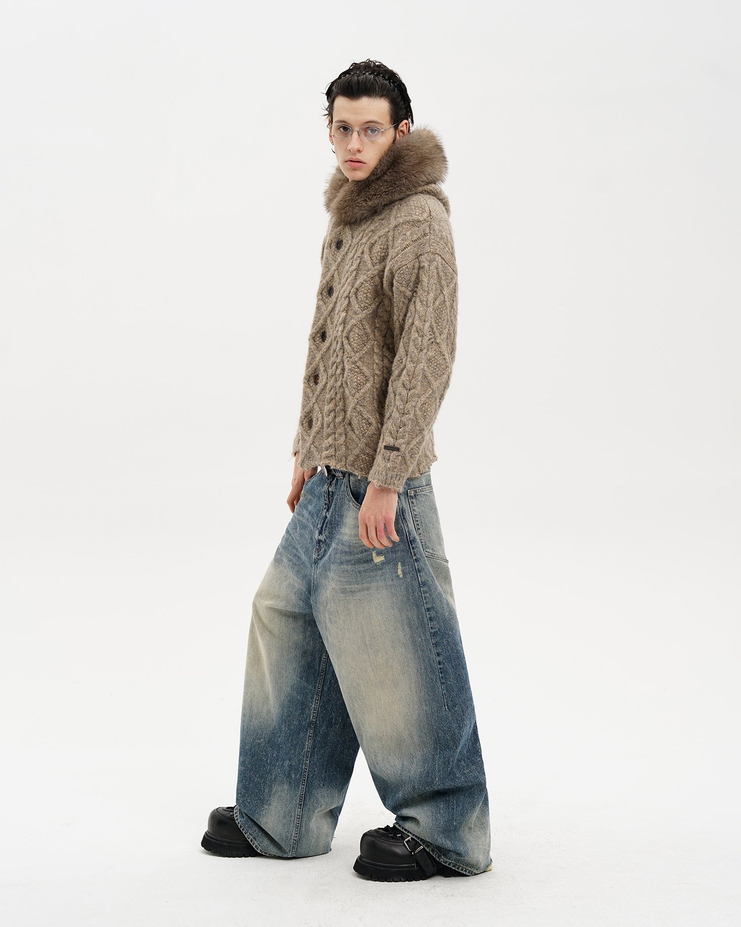 Snow-Wash Wide-Leg Jeans