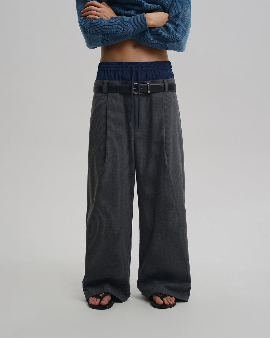 Layered Pinstripe Wide-Leg Pants