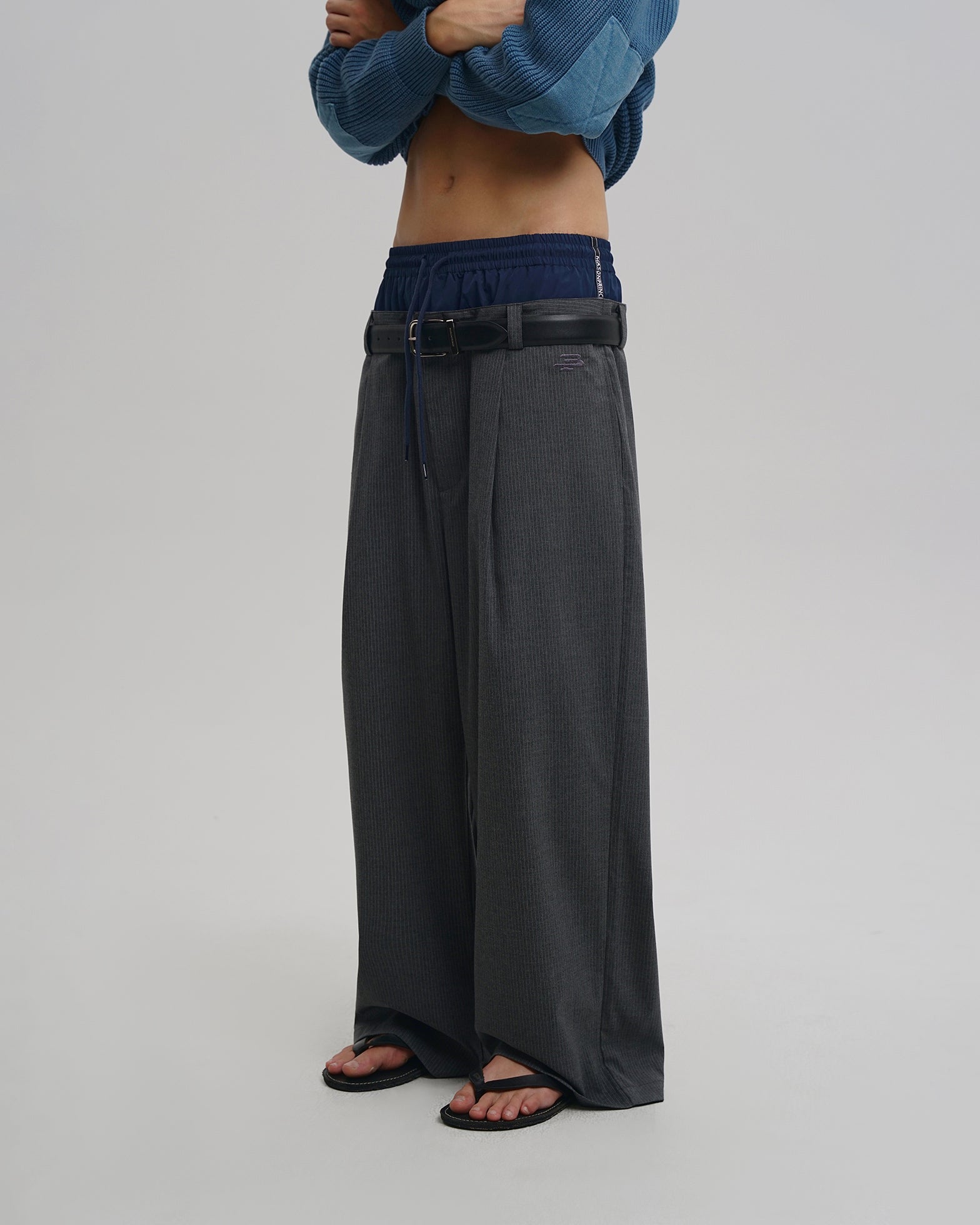 Layered Pinstripe Wide-Leg Pants