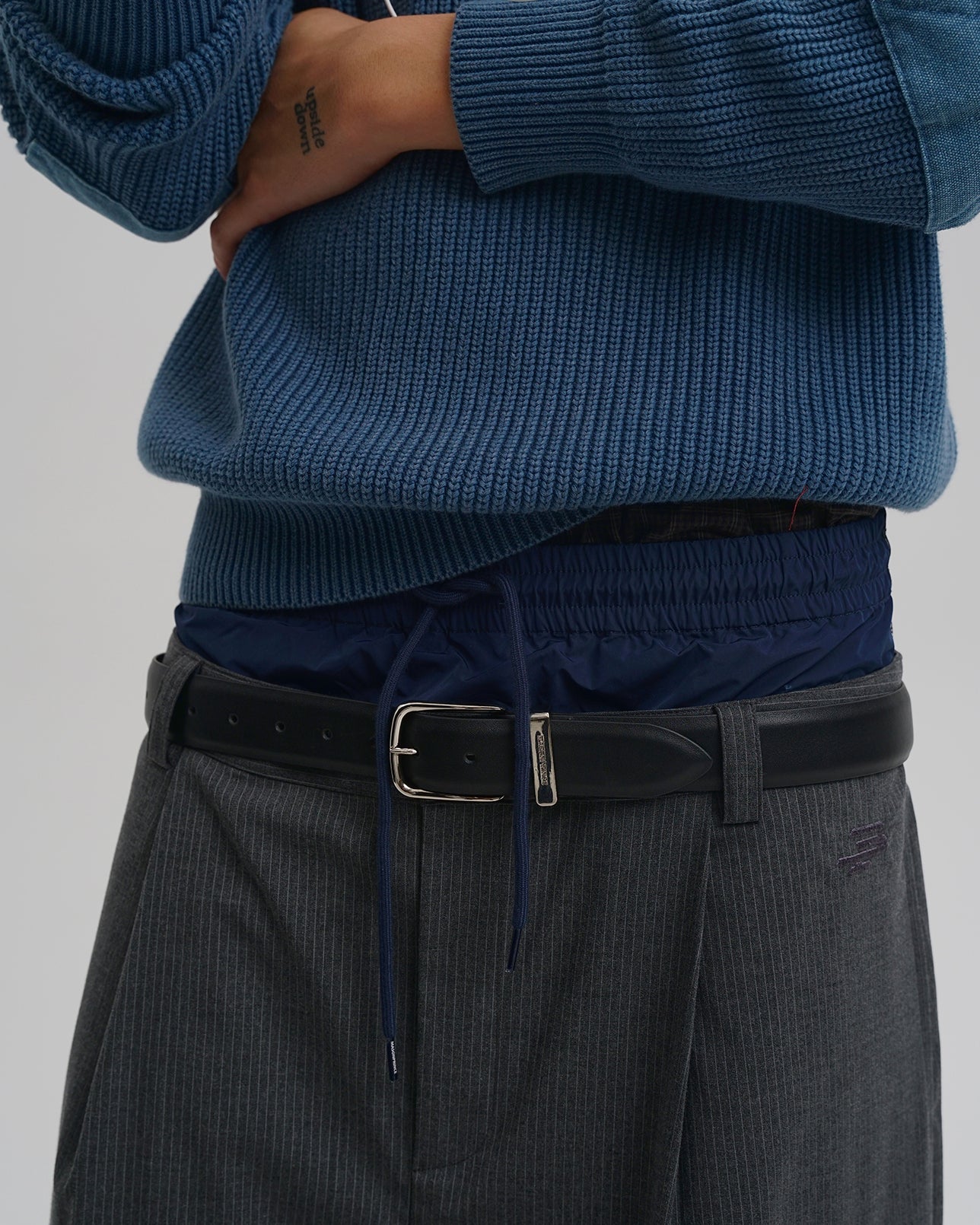 Layered Pinstripe Wide-Leg Pants