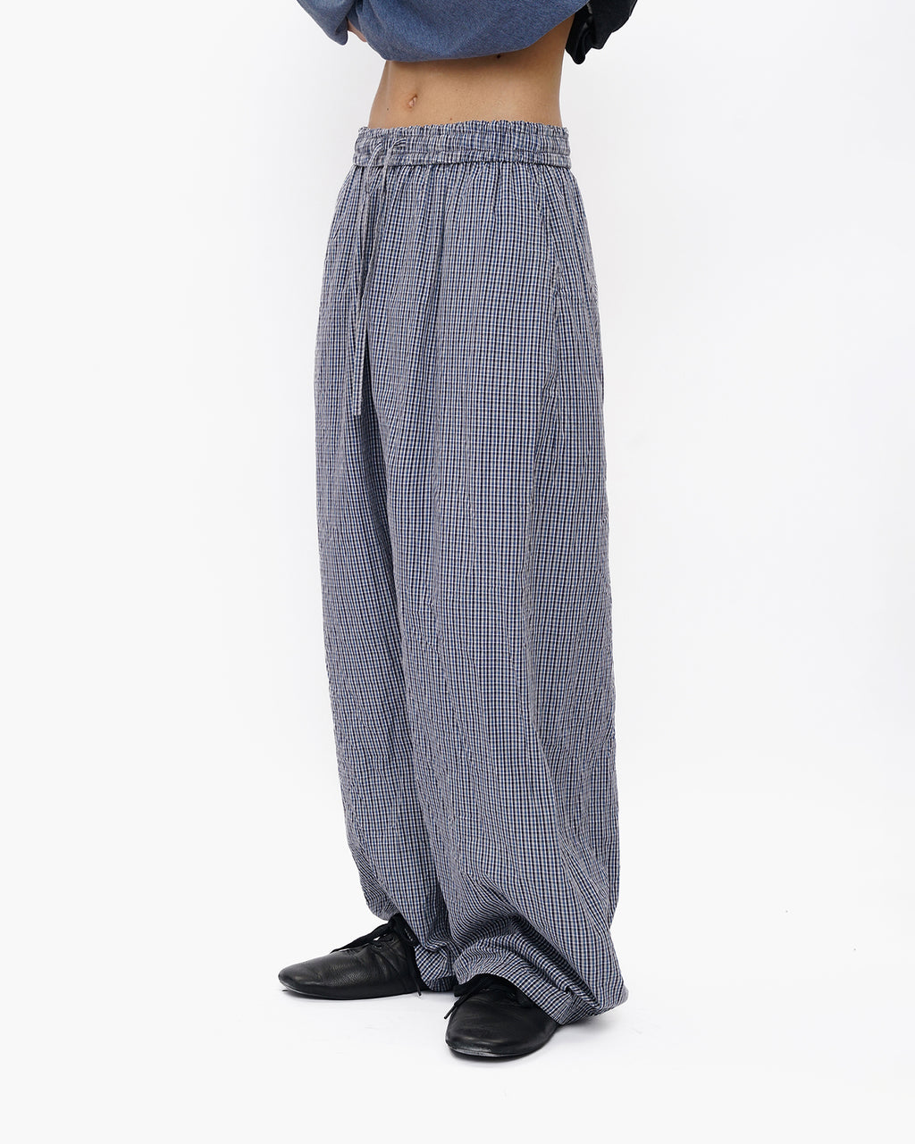 Crinkled Check Drawstring Pants