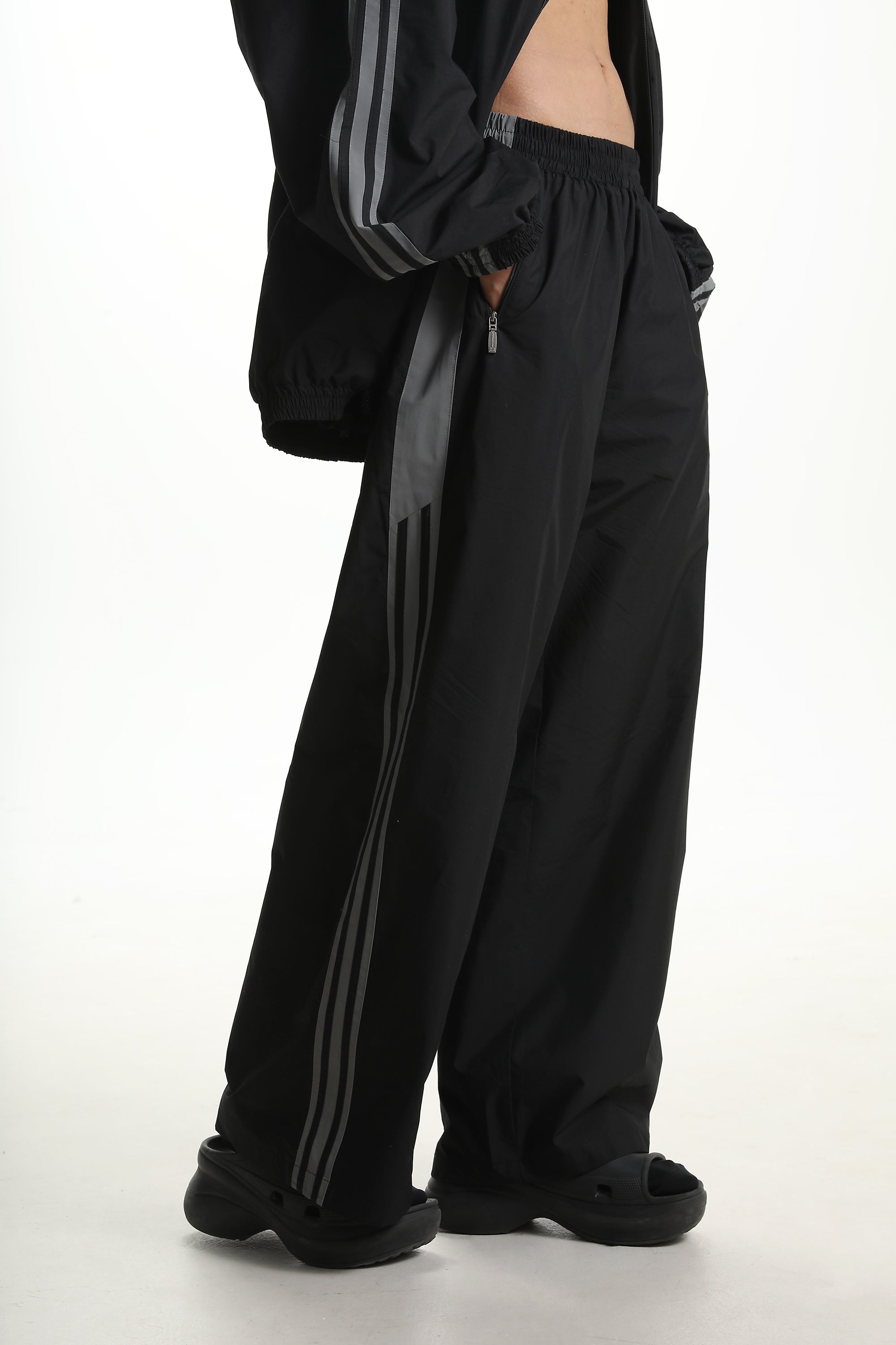 Black Windbreaker Stripe Trackpants