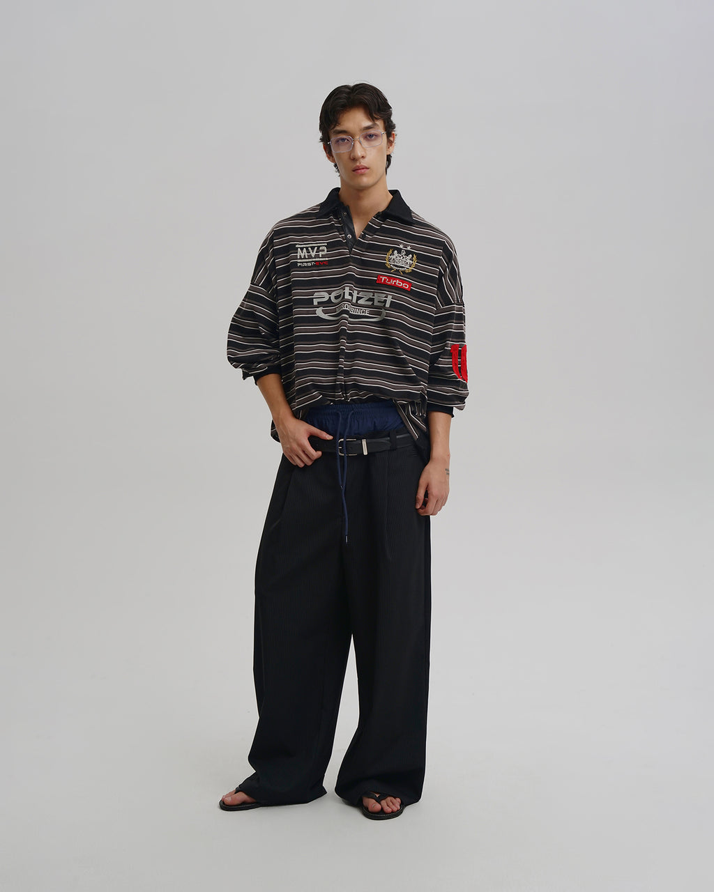 Layered Pinstripe Wide-Leg Pants