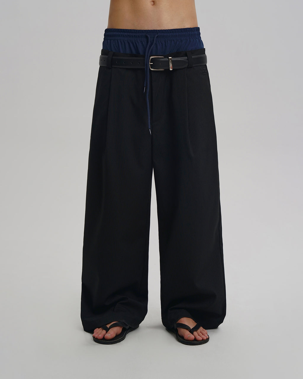 Layered Pinstripe Wide-Leg Pants