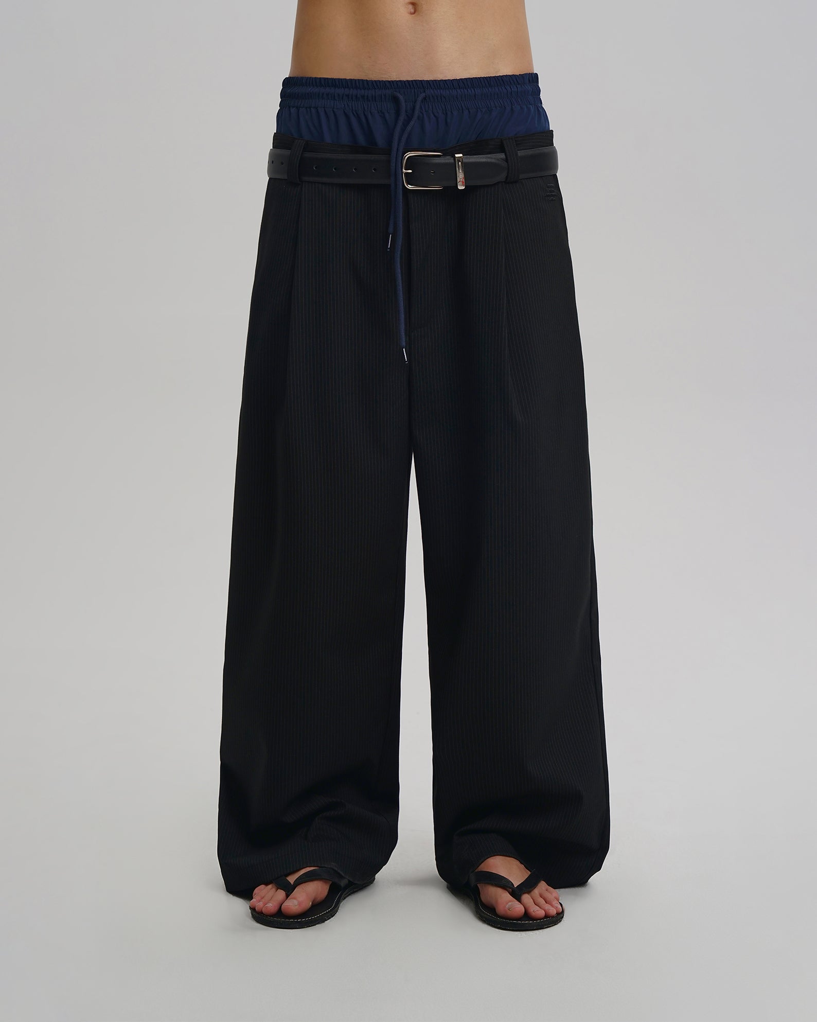 Layered Pinstripe Wide-Leg Pants