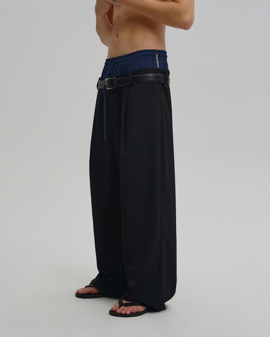 Layered Pinstripe Wide-Leg Pants