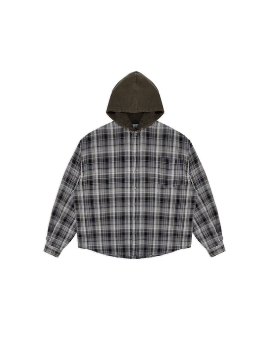 Faded hooded plaid Shirt - Black and White