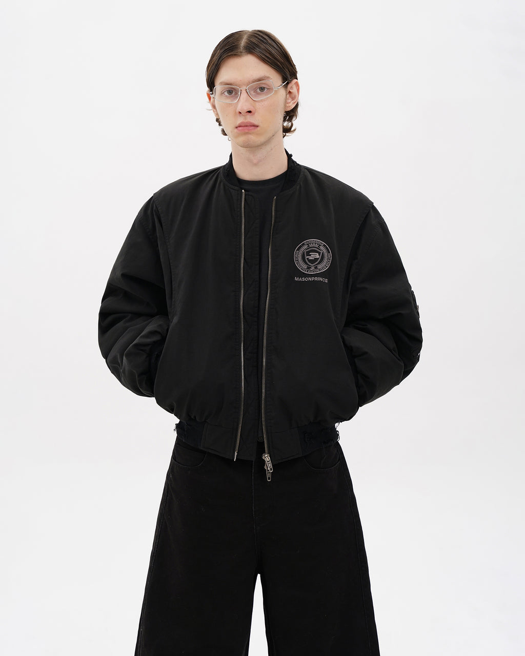 Black Distressed Crest Bomber Jacket