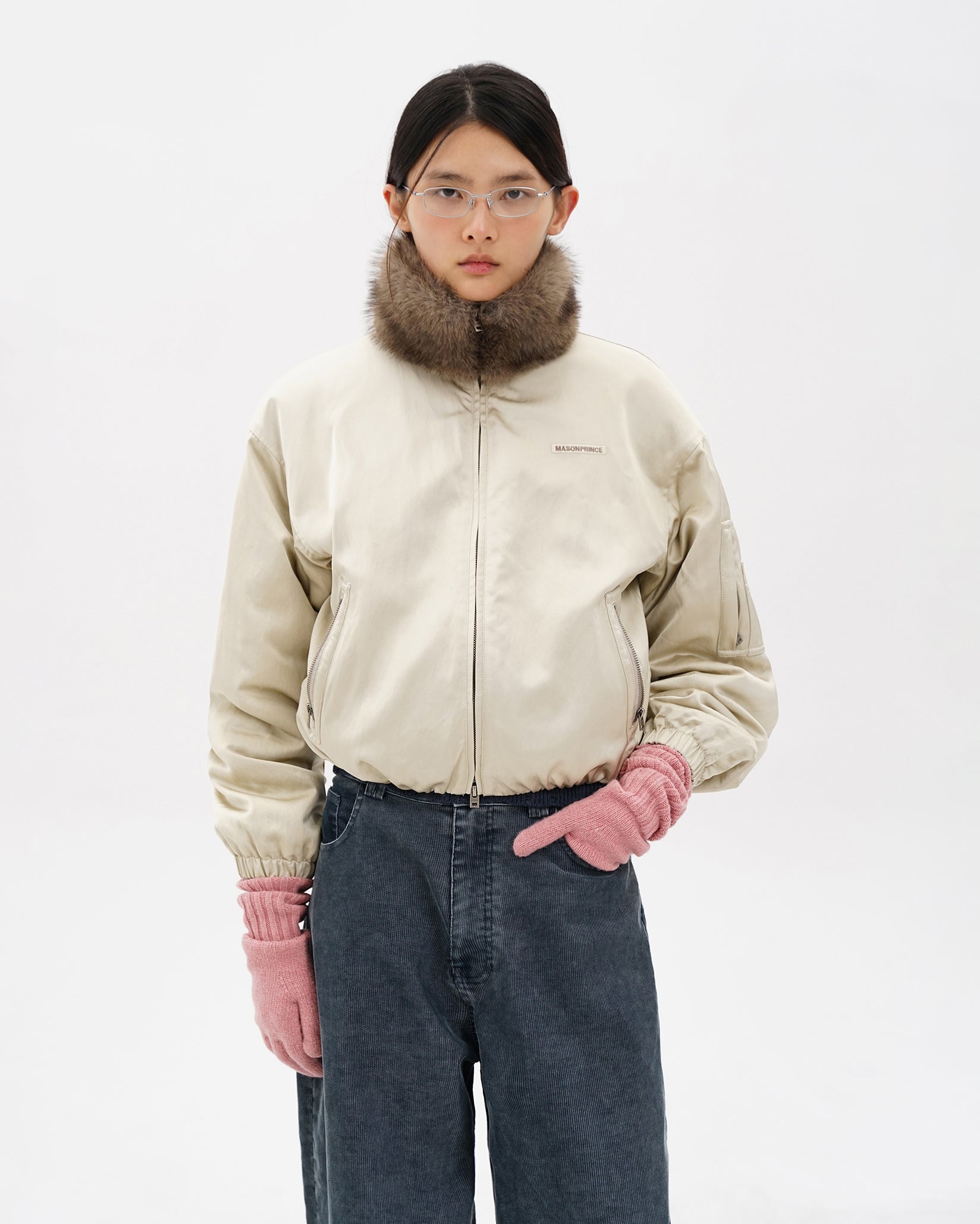 Fur-Collar Cocoon Bomber Jacket