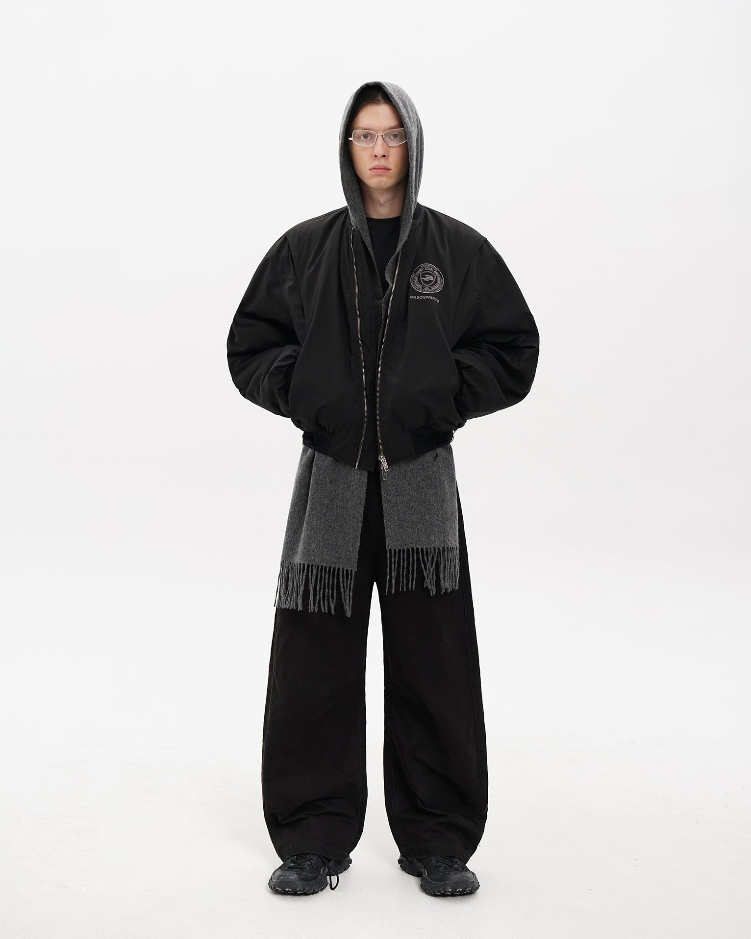 Black Distressed Crest Bomber Jacket