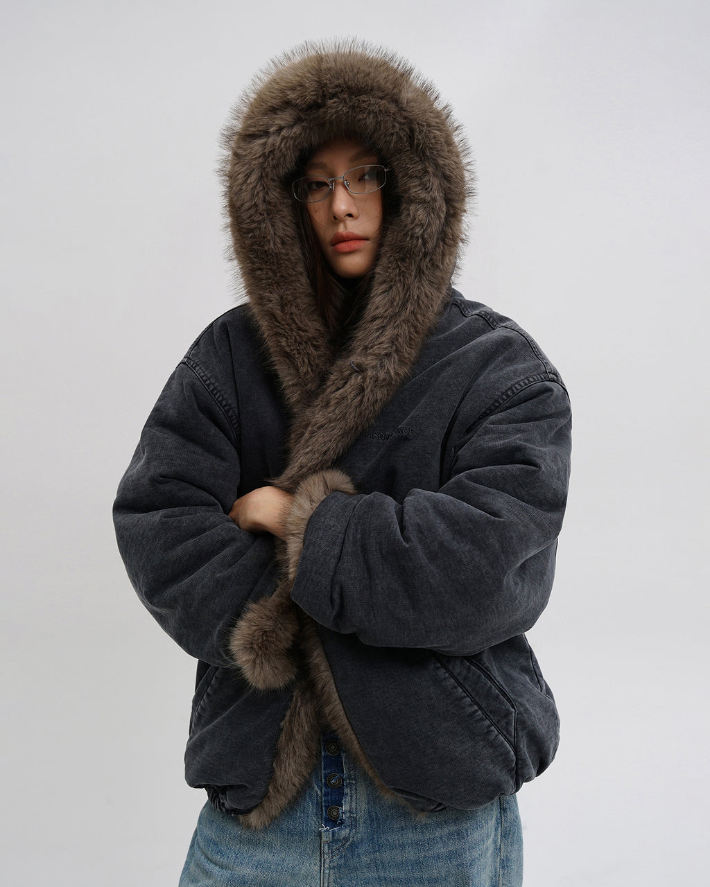Washed Faux Fur Hooded Jacket