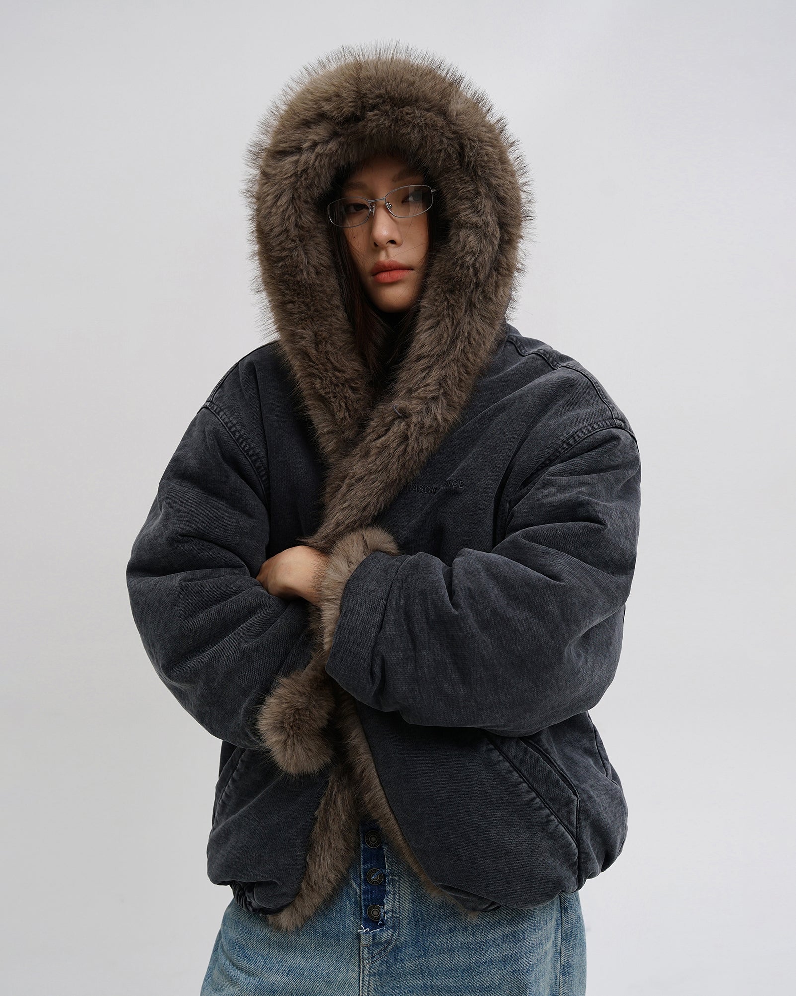 Washed Faux Fur Hooded Jacket