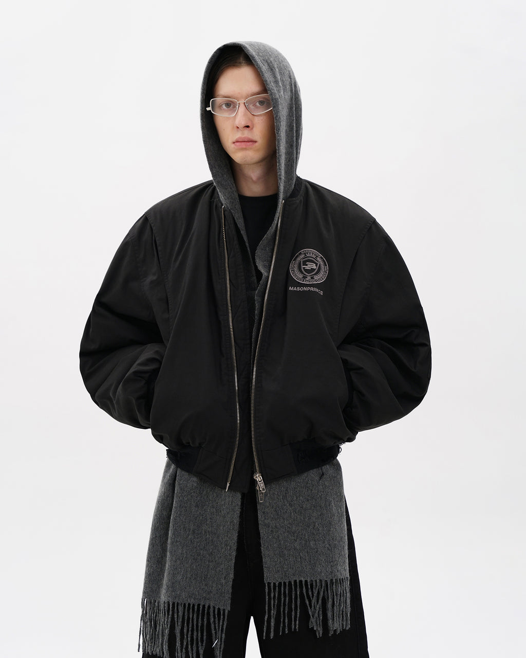 Black Distressed Crest Bomber Jacket