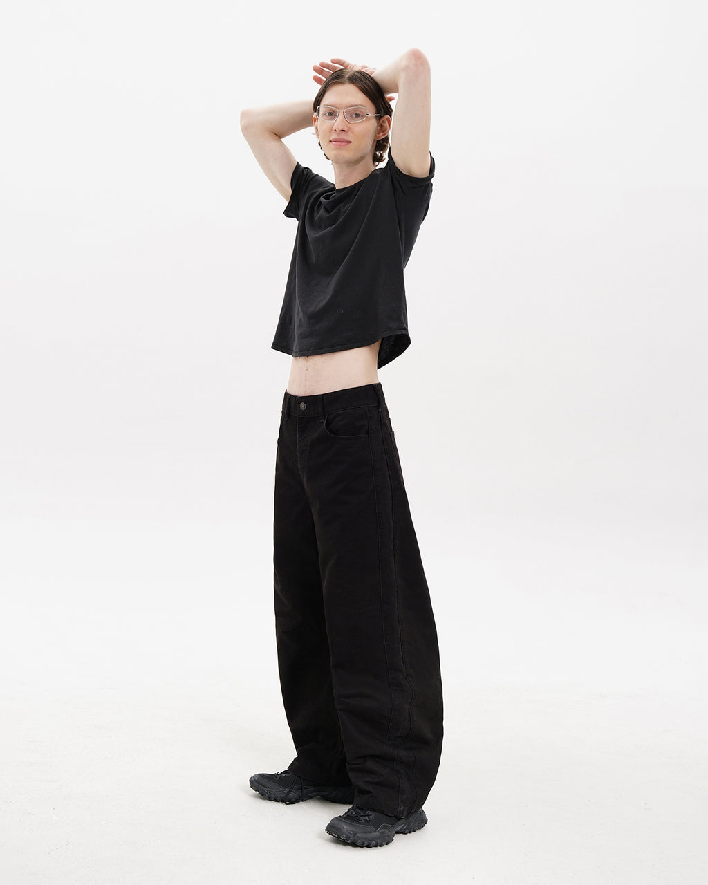 Black Barrel-Leg Cotton Pants