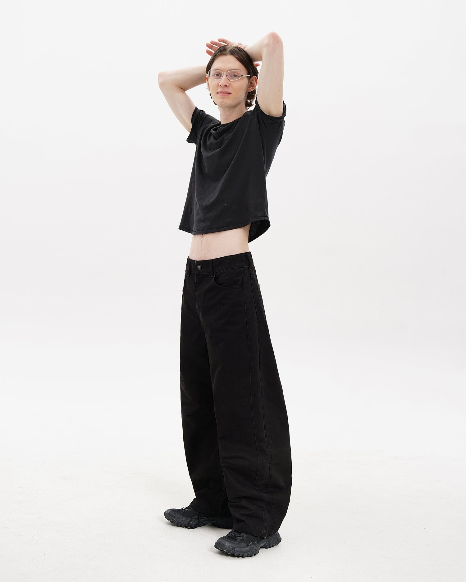 Black Barrel-Leg Cotton Pants