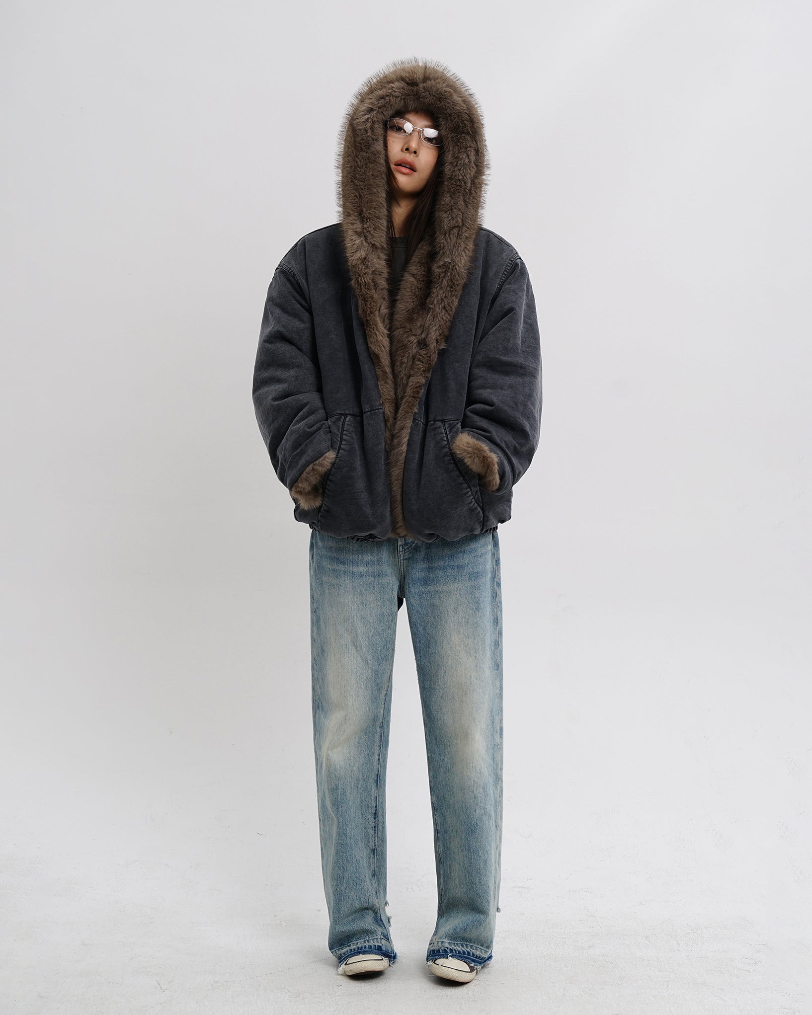Washed Faux Fur Hooded Jacket