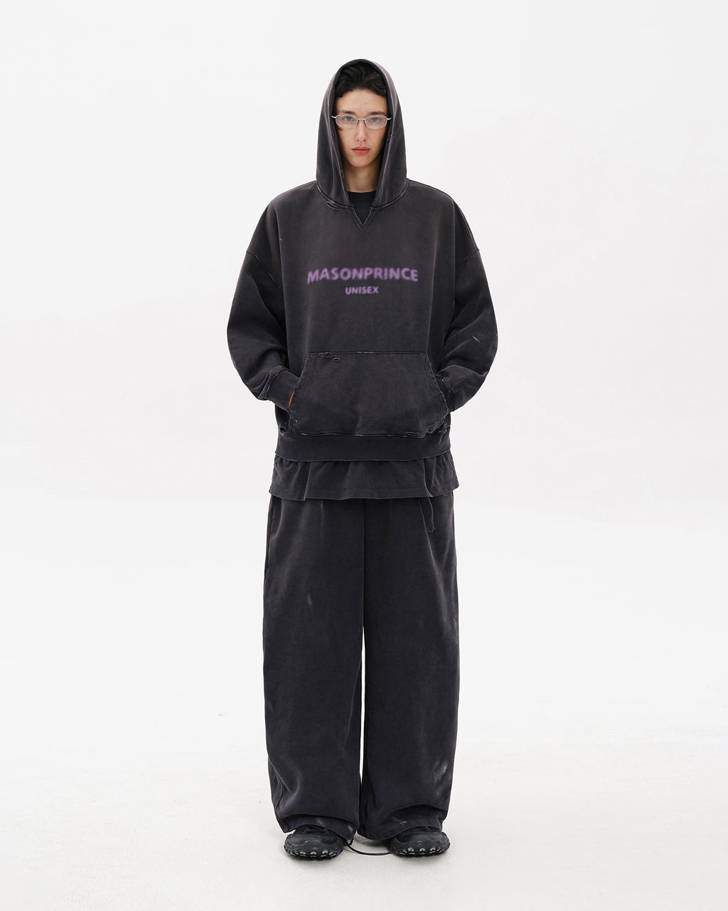 Layered Hem Blur Logo Hoodie