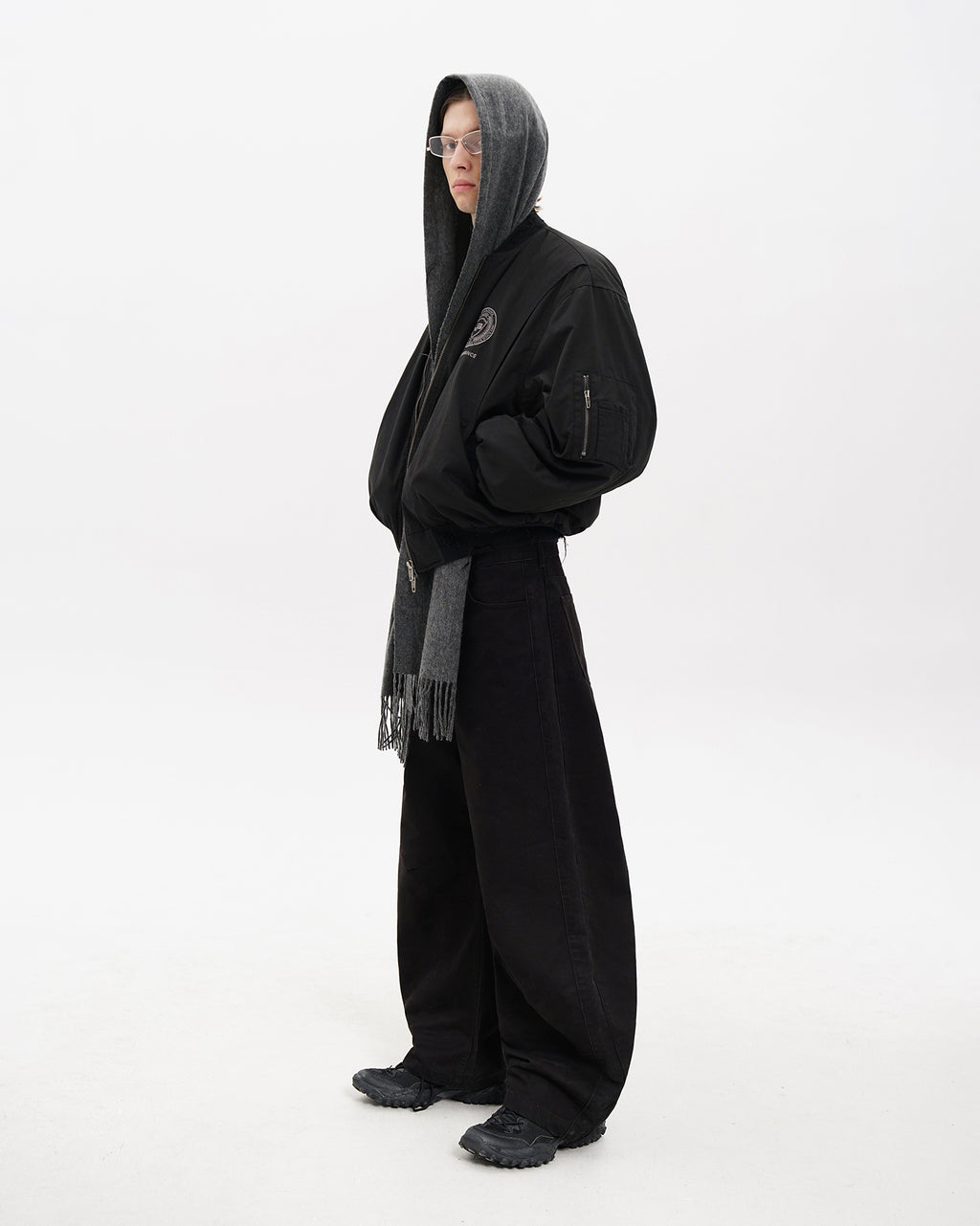 Black Distressed Crest Bomber Jacket