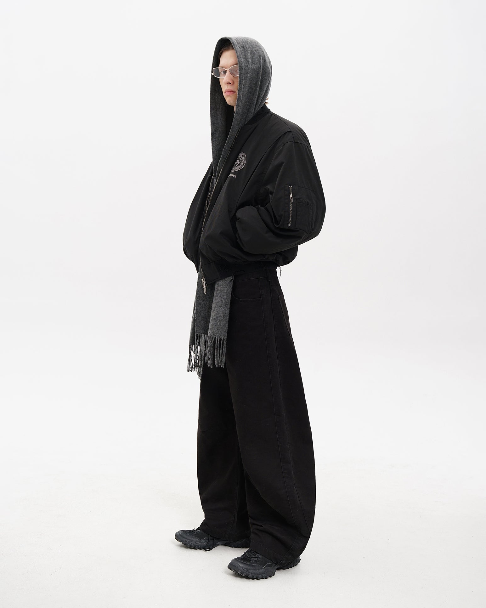 Black Distressed Crest Bomber Jacket