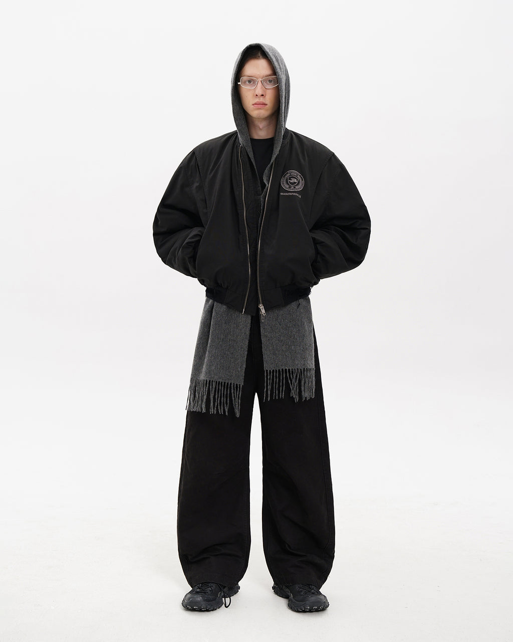 Black Barrel-Leg Cotton Pants